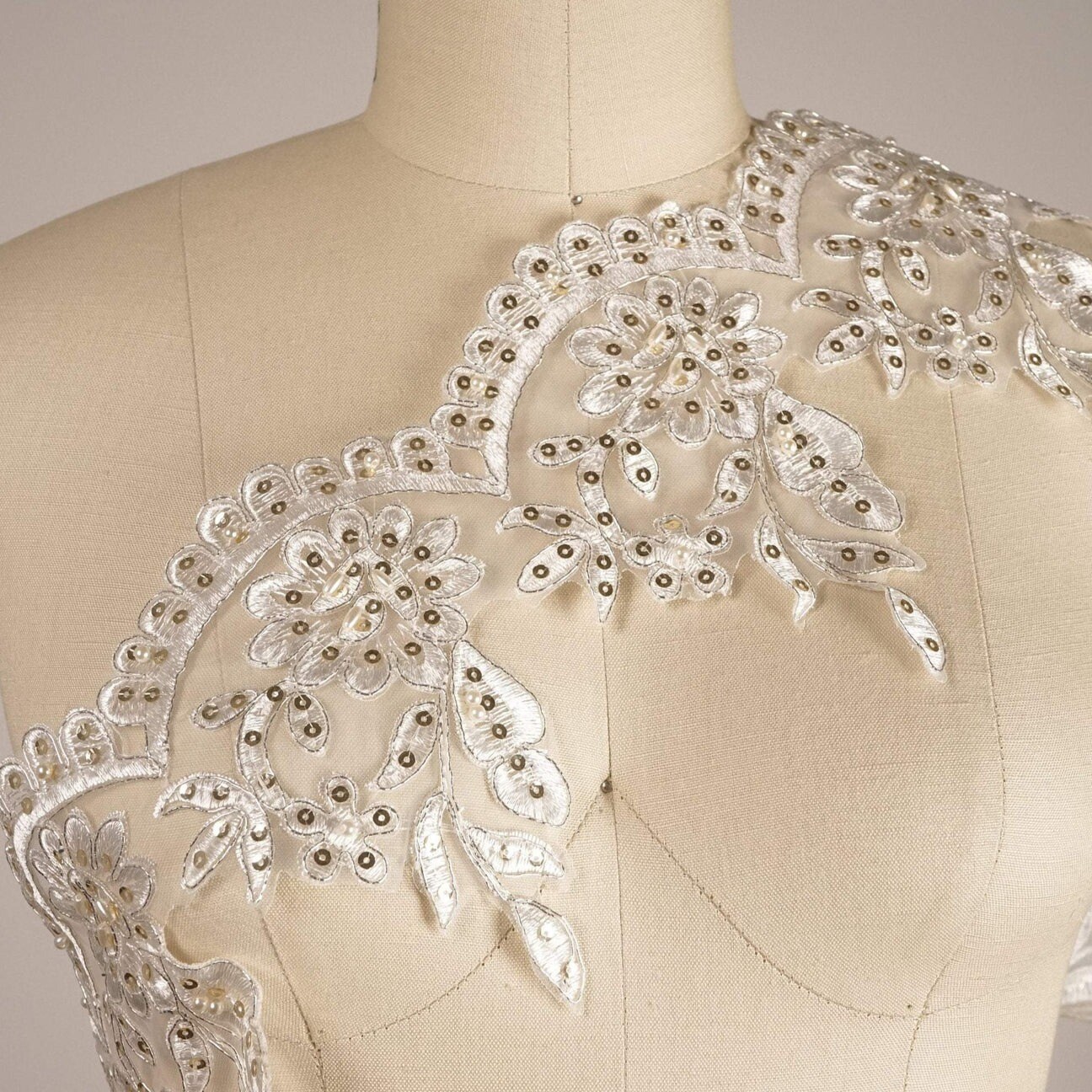 1 Yard Ivory and Gold Bridal Lace Trim with Beaded Roses and Scalloped Edges 6 Inch