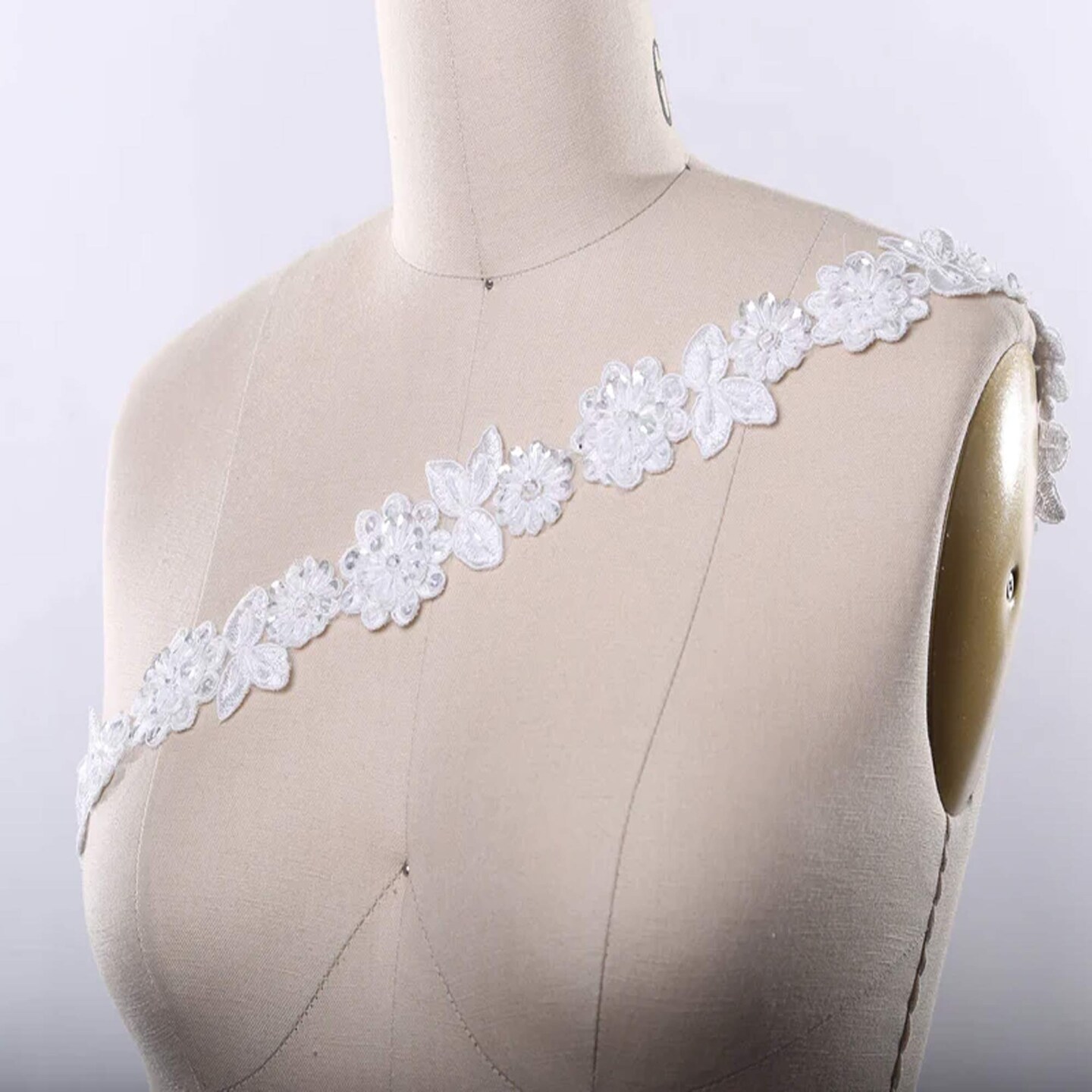 (1/2 yard) 18 Inch Ivory Lace Trim Beaded 3D Flower Leaf Bridal Sewing Embellishment