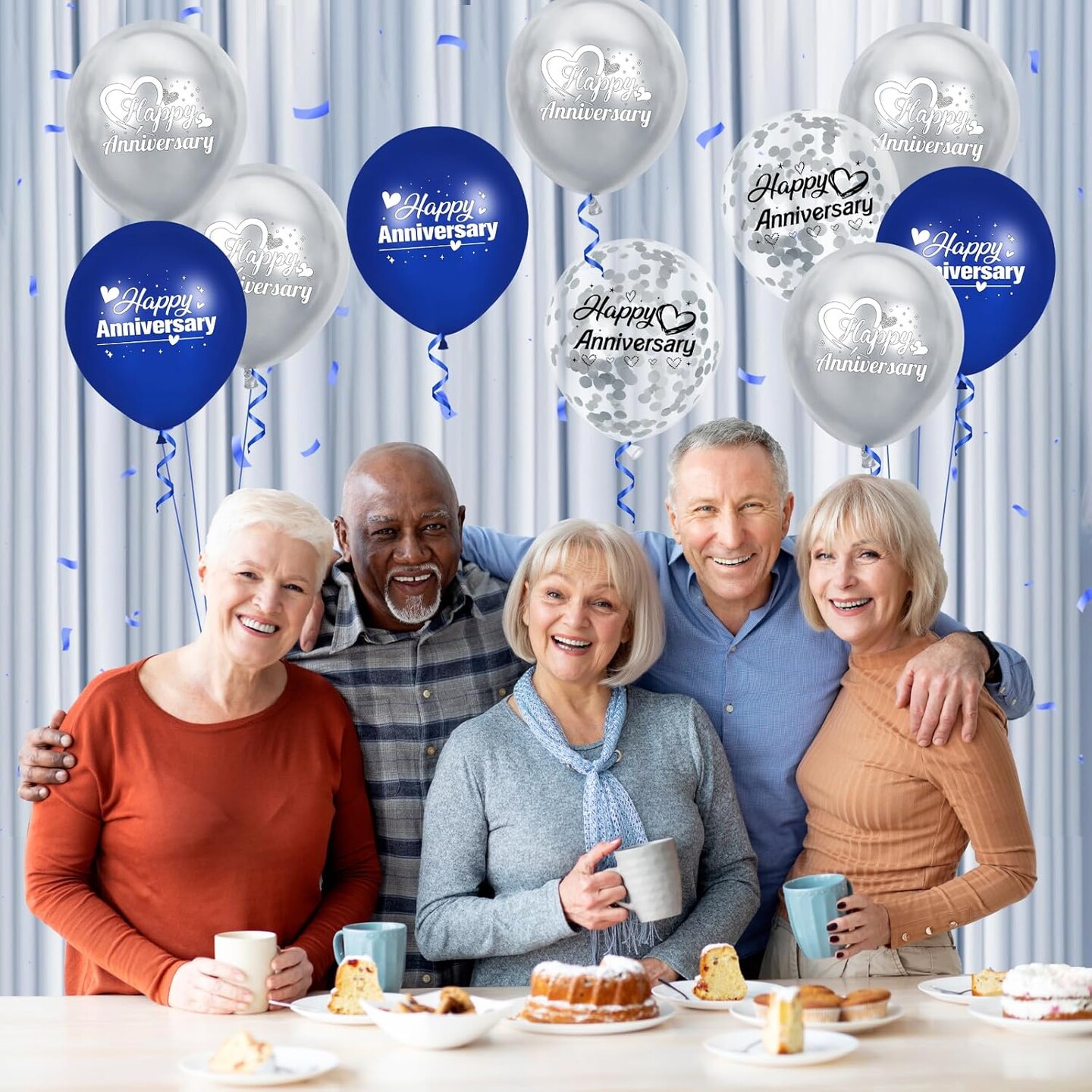 Happy Anniversary Balloons 18Pcs Blue Silver Party Decorations for Women Men 12Inch Metallic Confetti Balloons for Indoor Outdoor Party Supplies