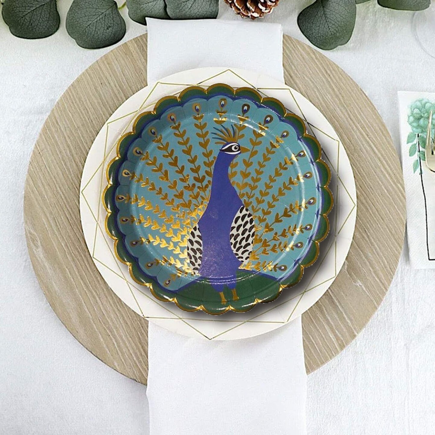 8 Count Ma Fete Tropical Peacock Theme Paper Dinner Plates Gold Foil Edge 9 Inch