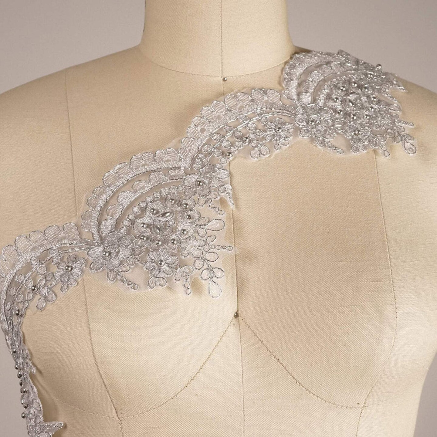 1 Yard Silver Beaded Scalloped Bridal Lace Trim with Sequins and Embroidery