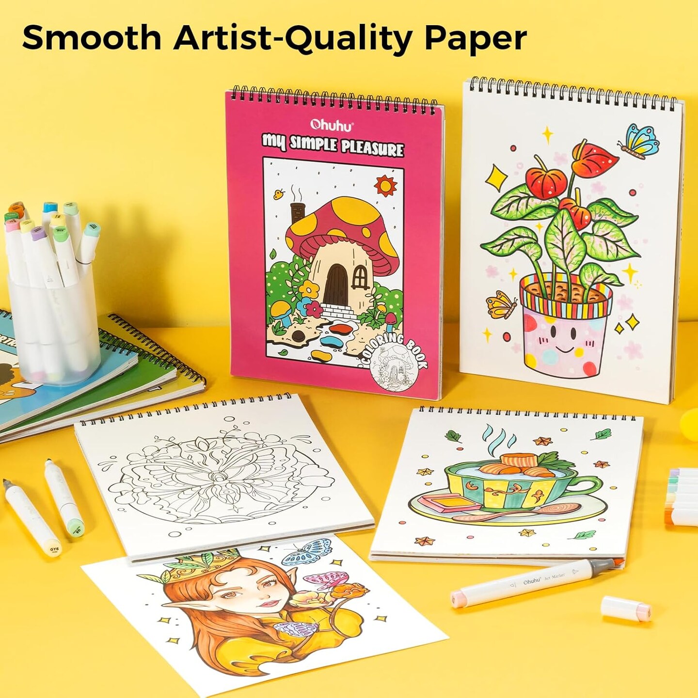 Ohuhu Double-Sided Bleedproof Coloring Book for Alcohol Markers - 8&#x22;x10&#x22; Coloring Books - Stress-Relieving Animal Mandala Flower Dessert Portrait Designs for Adults and Teens