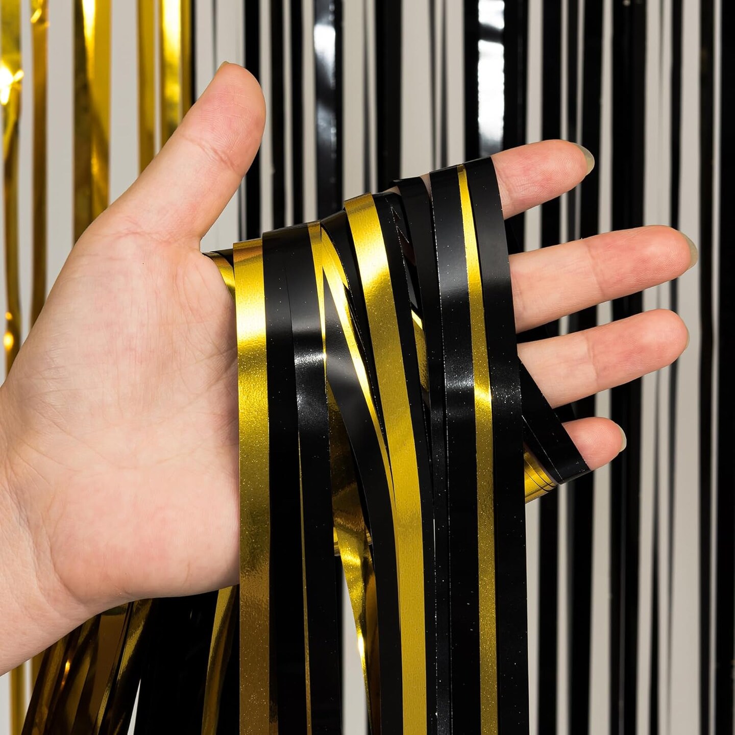 Black & Gold Party Streamers – GREATRIL Foil Fringe Backdrop, 2-Pack 3.2ft x 8.2ft for 2026 NYE, Anniversary, Farewell, Cocktail, Prom, EID, Birthday Decorations