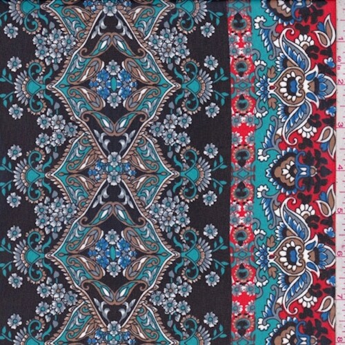 Dark Navy/Teal Multi Stylized Stripe Chiffon Fabric By the Yard