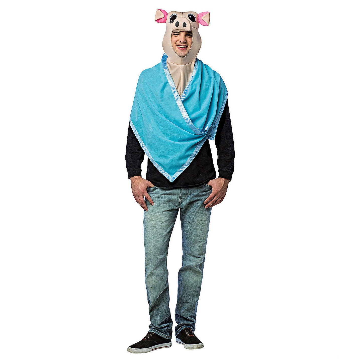 Funny Pig in a Blanket Adult Halloween Costume Kit with Blue Blanket