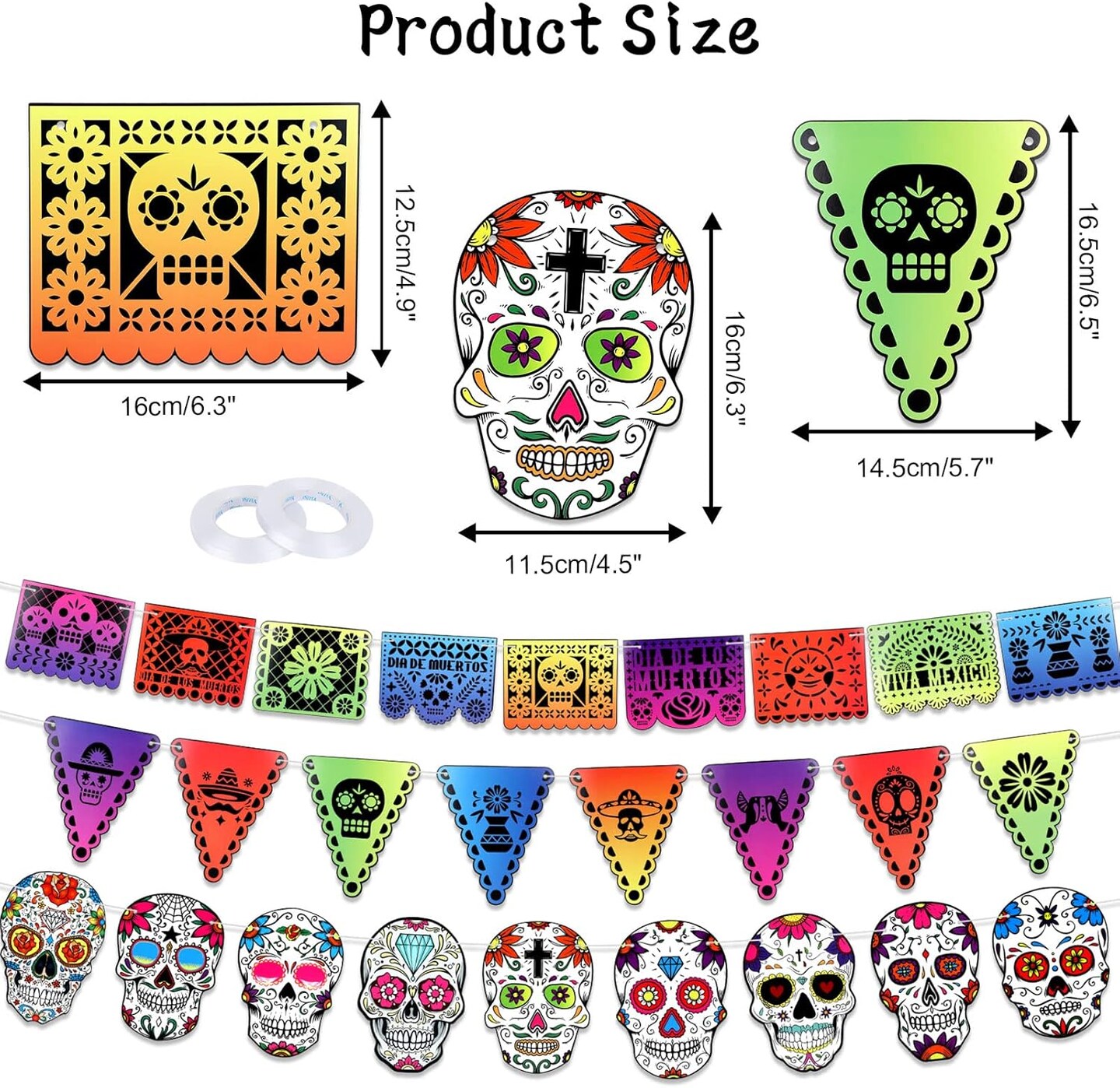 Day of The Dead Decorations, Dia De Los Muertos Pennant Banner for Day of The Dead Party Supplies, Sugar Skull Bunting Banner Papel Picado Backdrop Garland for Mexican Themed Birthday Party
