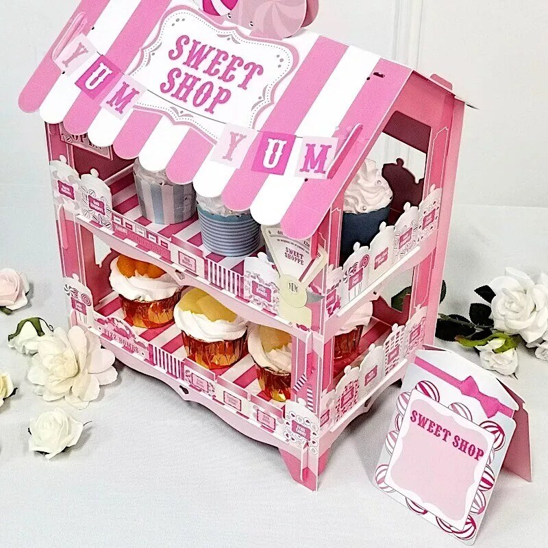 2 Tier White Pink 18" Cardboard Sweet Shop Cupcake Stand Party Events Supplies