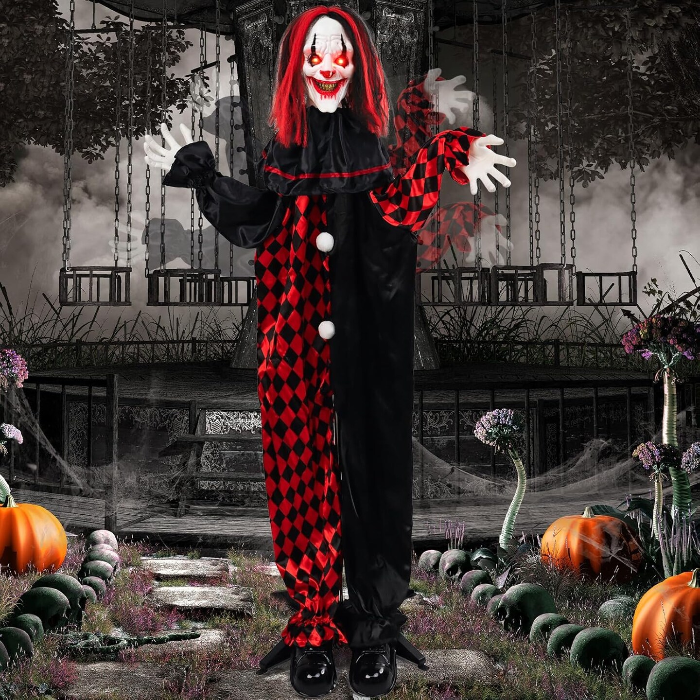Scary Talking Clown Halloween Animatronic with Movement, Touch Activated Lights, Sounds, and Light-Up Eyes Outdoor &#x26; Indoor Decoration (Clown, 5.5FT)