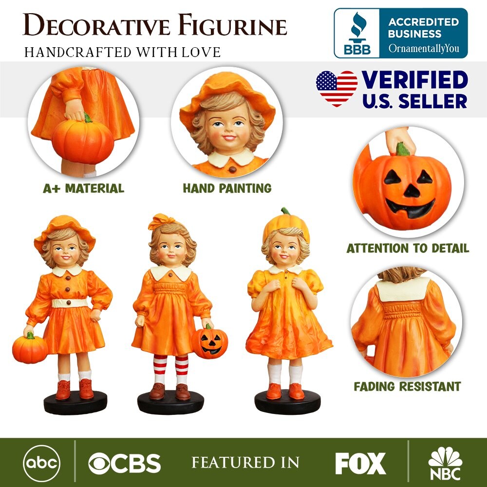 Inviting Pumpkin Girl Trio Set of Figurines, 6&#x22; Victorian Autumn Fall and Halloween Table Decoration