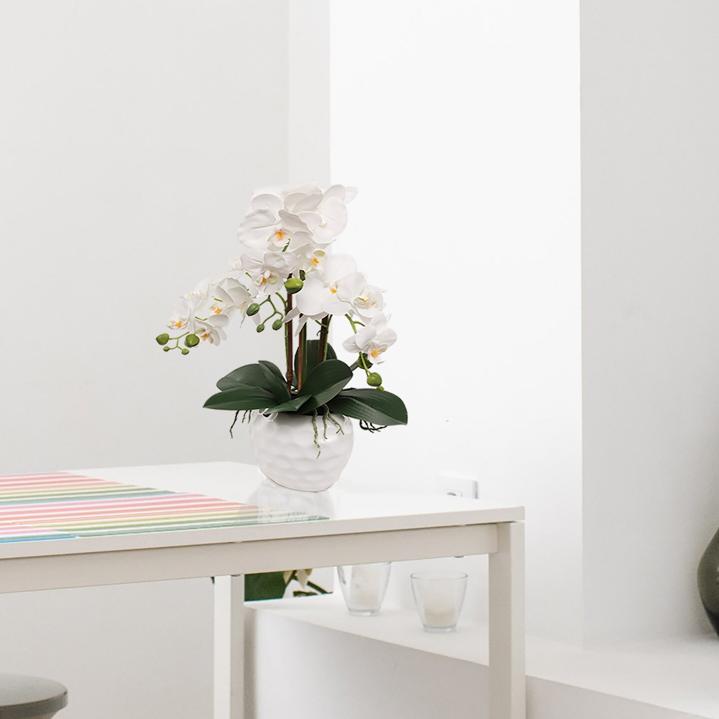 19" White Phalaenopsis Orchid Flowers in Dimple White Vase, Elegant Faux Floral Arrangement, Ideal for Home, Office, and Event Décor, Floral Home by Artificial Flowers