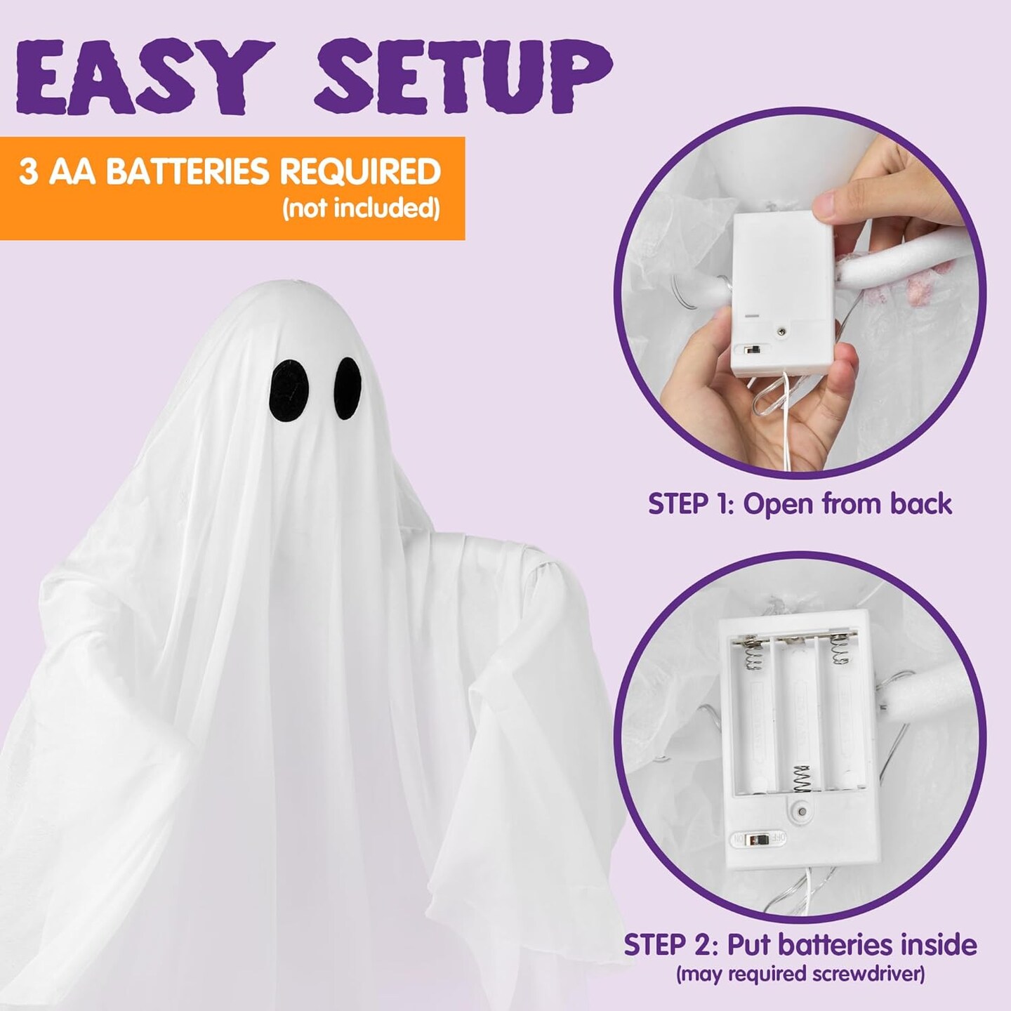Halloween Hanging Light up Ghost with Spooky Purple LED Light, 47” White Hanging Ghosts, Halloween Hanging Decoration for Front Yard Patio Lawn Garden Party Decor Indoor Outdoor