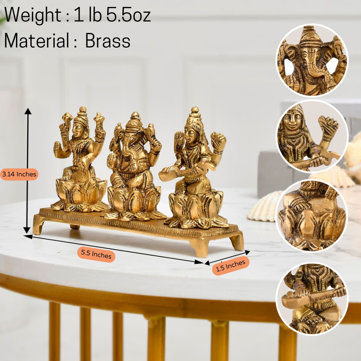 Laxmi Ganesh Saraswati Statue Brass Religious Figurine Hindu God Ganesha and Goddess Lakshmi Saraswati Idol Murti for Puja Room Home Temple Mandir Decor - Diwali Housewarming Gift (3 Inch)