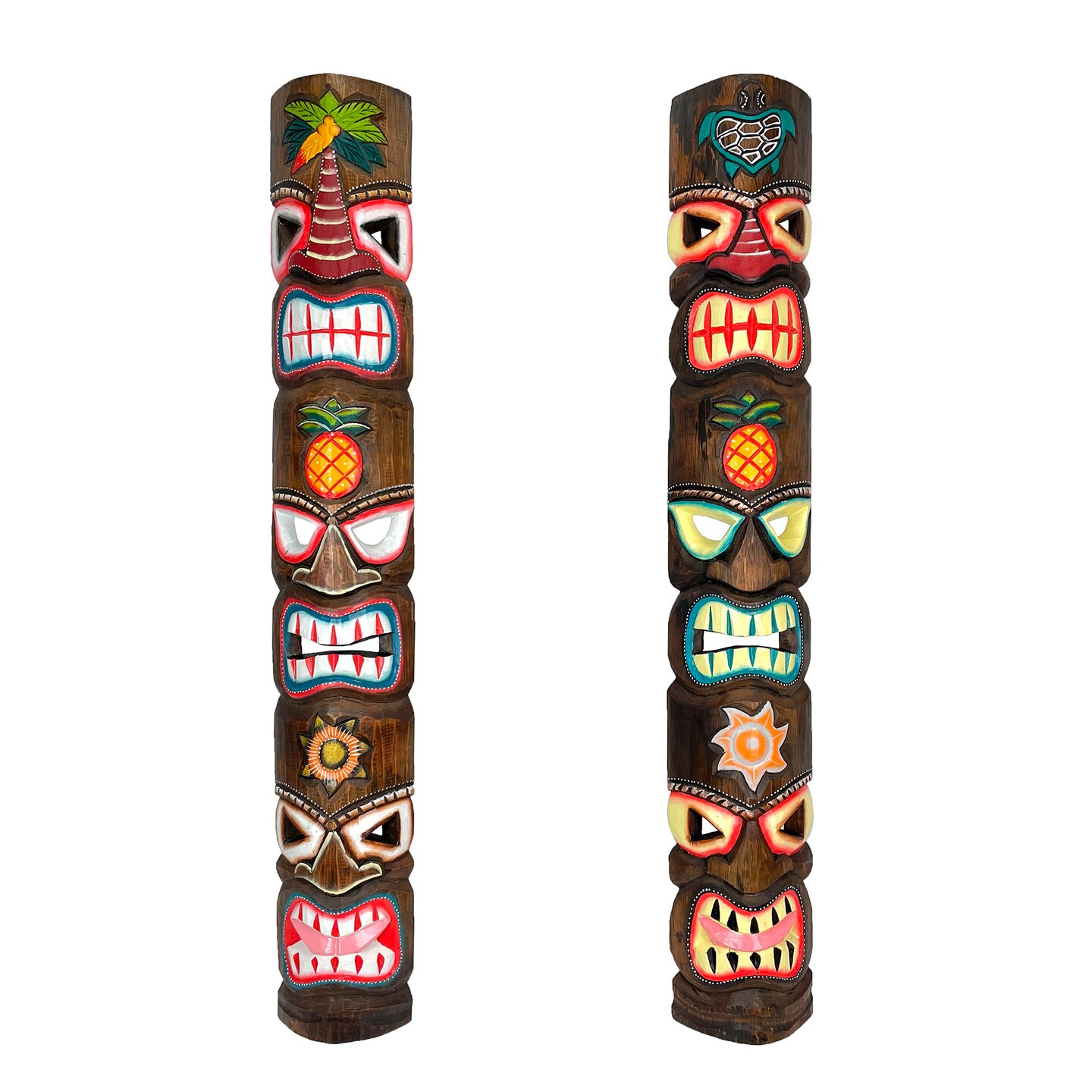 Set of 2 Triple-Faced Tiki Wall Sculptures &#x2013; Palm Tree, Sun &#x26; Sea Turtle Designs