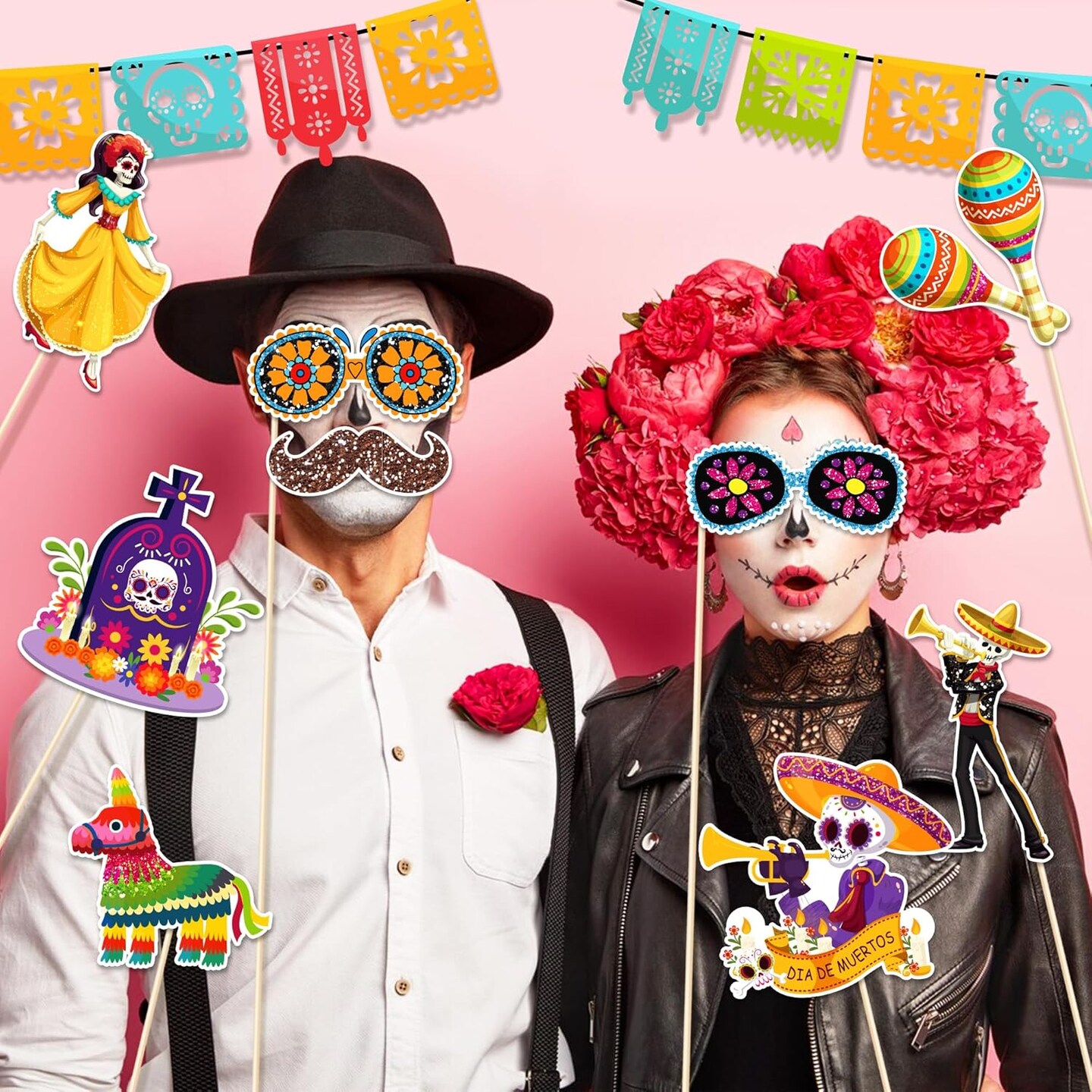 Glitter Day of The Dead Photo Booth Props, Dia De Los Muertos Skull Decorations Photo Props Kits for Day of The Dead Party Favor, Mexican Fiesta Halloween Glitter Prop Pose Sign 30pcs