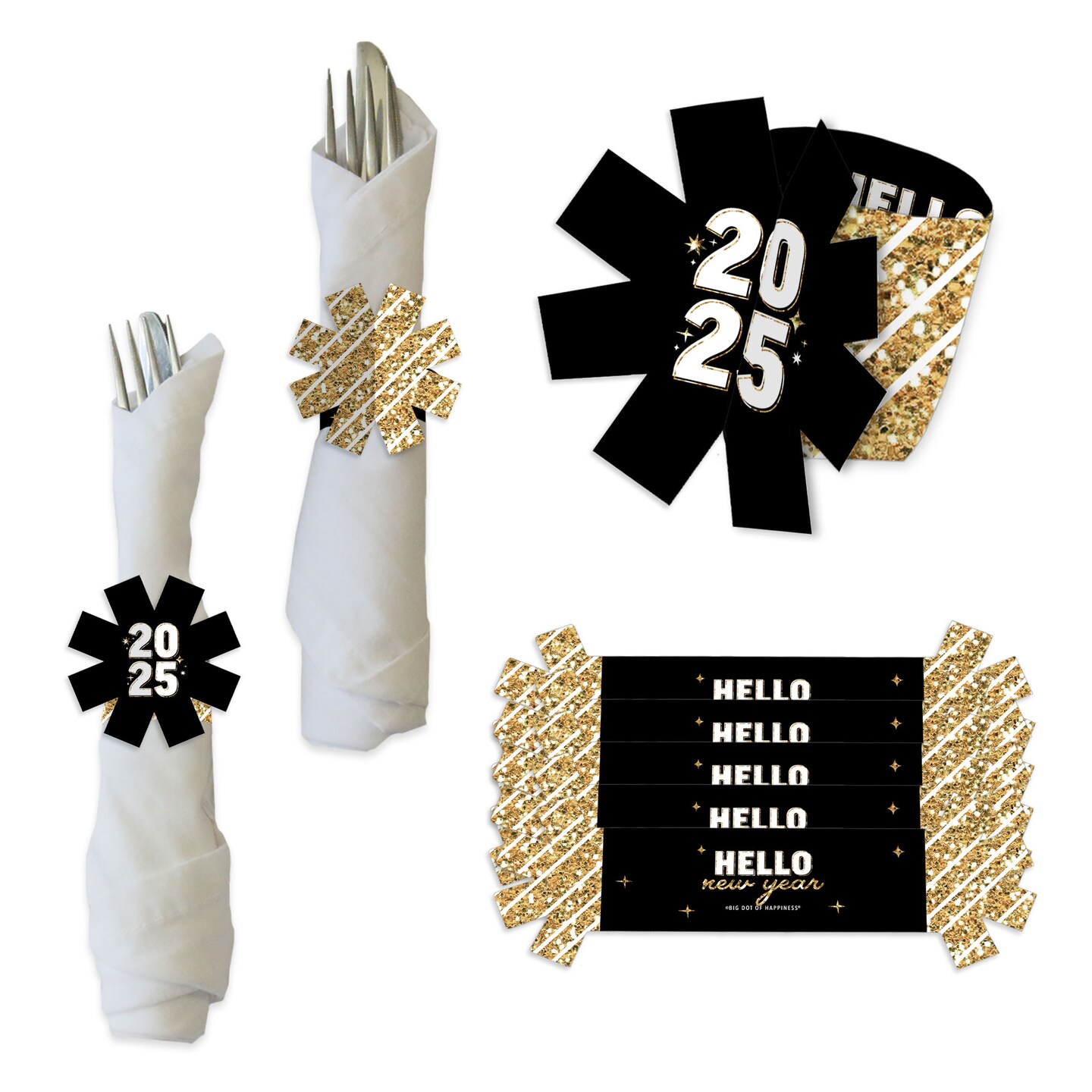 Big Dot of Happiness Hello New Year - 2025 NYE Party Paper Napkin Holder - Napkin Rings - Set of 24