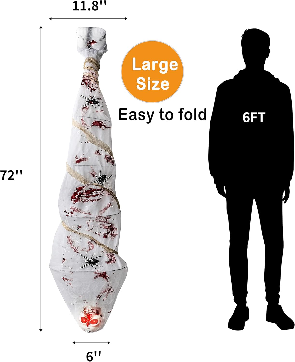 Hanging Decor Scary Corpse Props Lighted Realistic with Led Skull Eyes Spooky Sound, Haunted House Props for Indoor Outdoor Home Hallomas Party 72 Inches