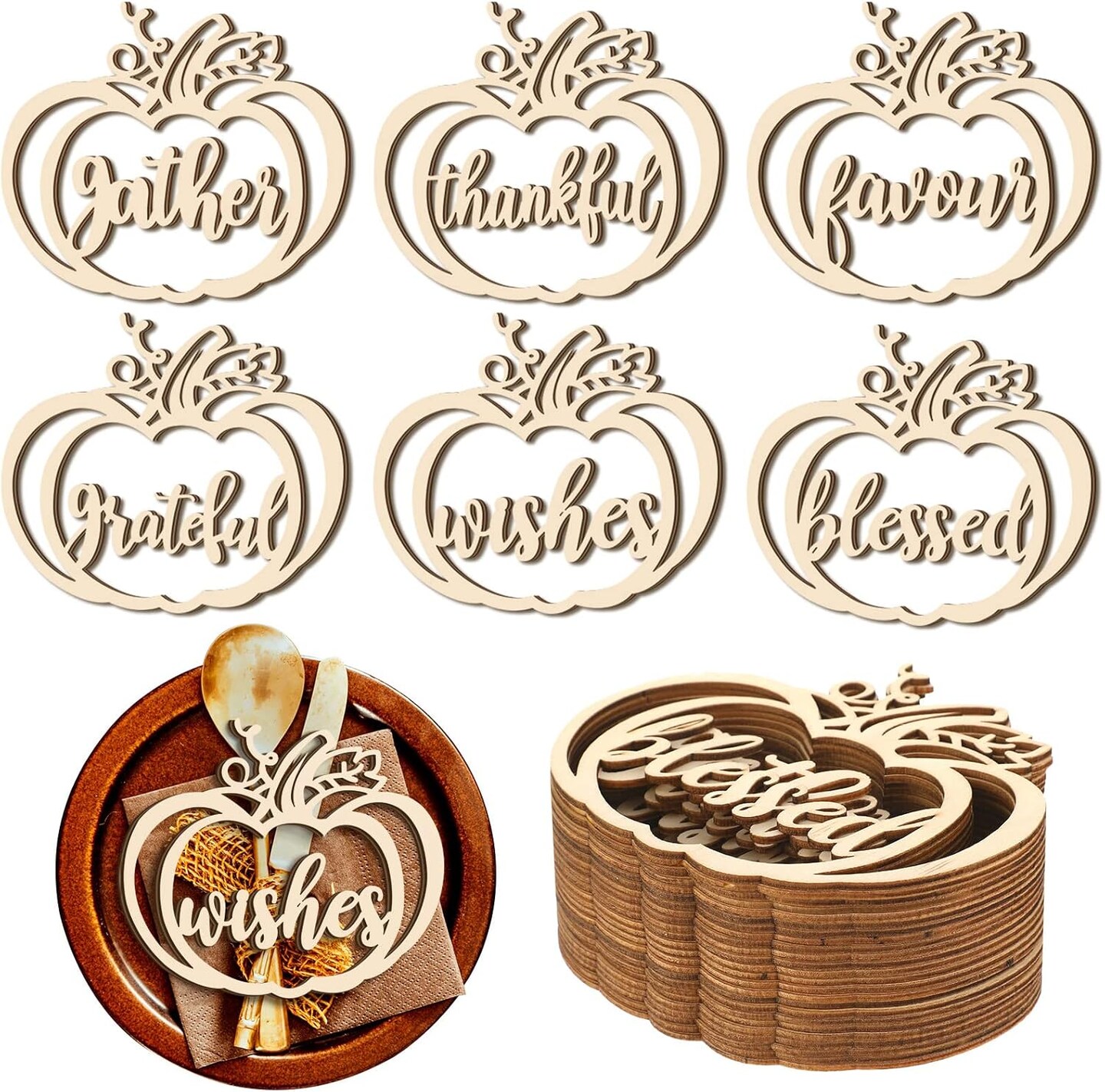 Wood Cutouts Thankful Blessed Thanksgiving Table Decor Fall Word Plate Sign Place Cards for Autumn Home Table Settings Cutouts