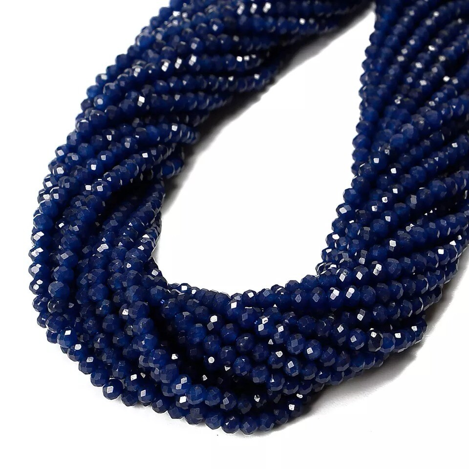 Sapphire Blue Color Dyed Jade Hard Cut Faceted Rondelle Beads 3x4mm 15.5 Strand