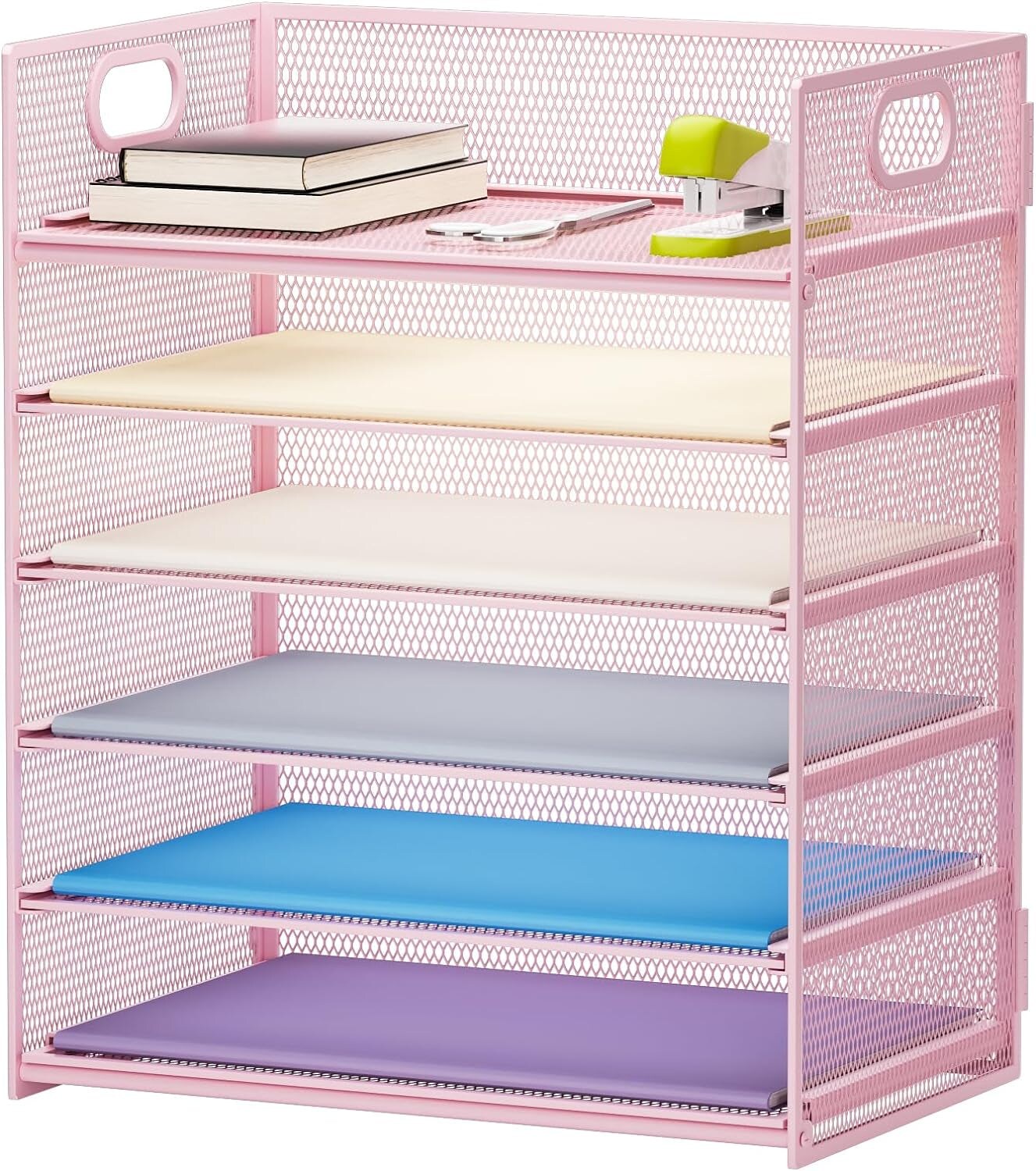 6 Tier Paper Organizer Letter Tray - Mesh Desk File Organizer with Handle, Paper Sorter Organizer for Letter/A4 Office File Folder Holder - Pink&#x2026;