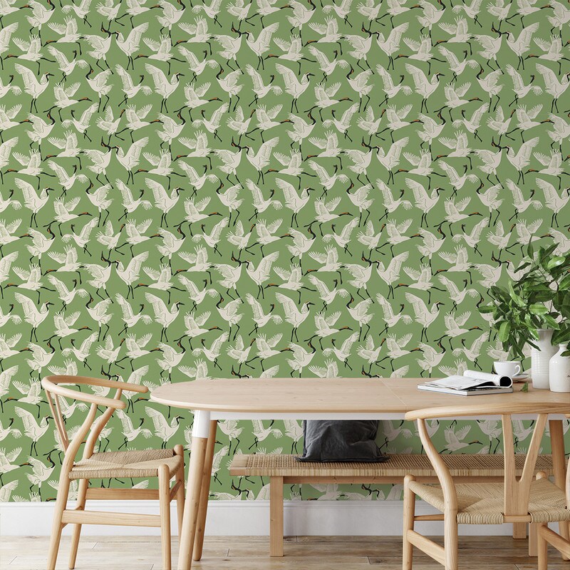 Tempaper Family of Cranes by Novogratz Peel and Stick Wallpaper Waverly Green