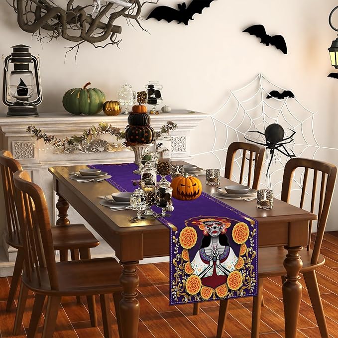 De Los Muertos Tablecloth Sugar Skull Marigold Mexican Fiesta Party Decoration and Supplies for Home Kitchen Table-13×72''