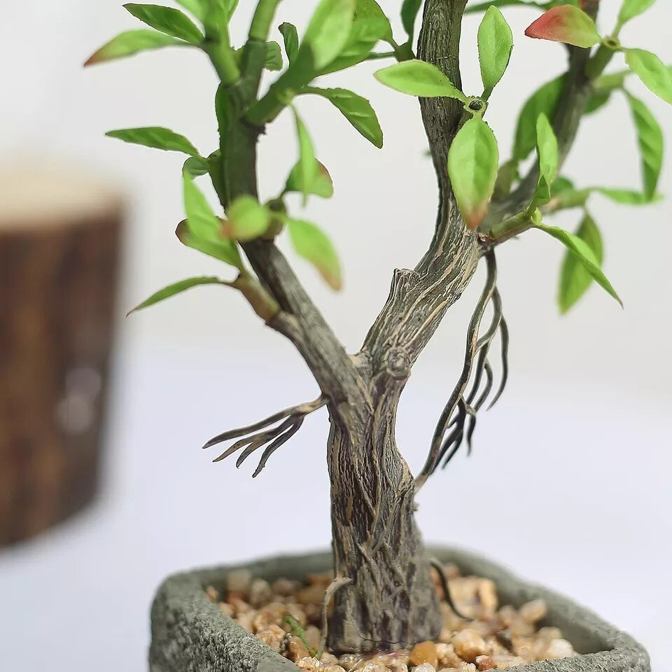 9&#x22; tall Green Brown Concrete Pot with Faux Mini Willow Tree Wedding Decorations
