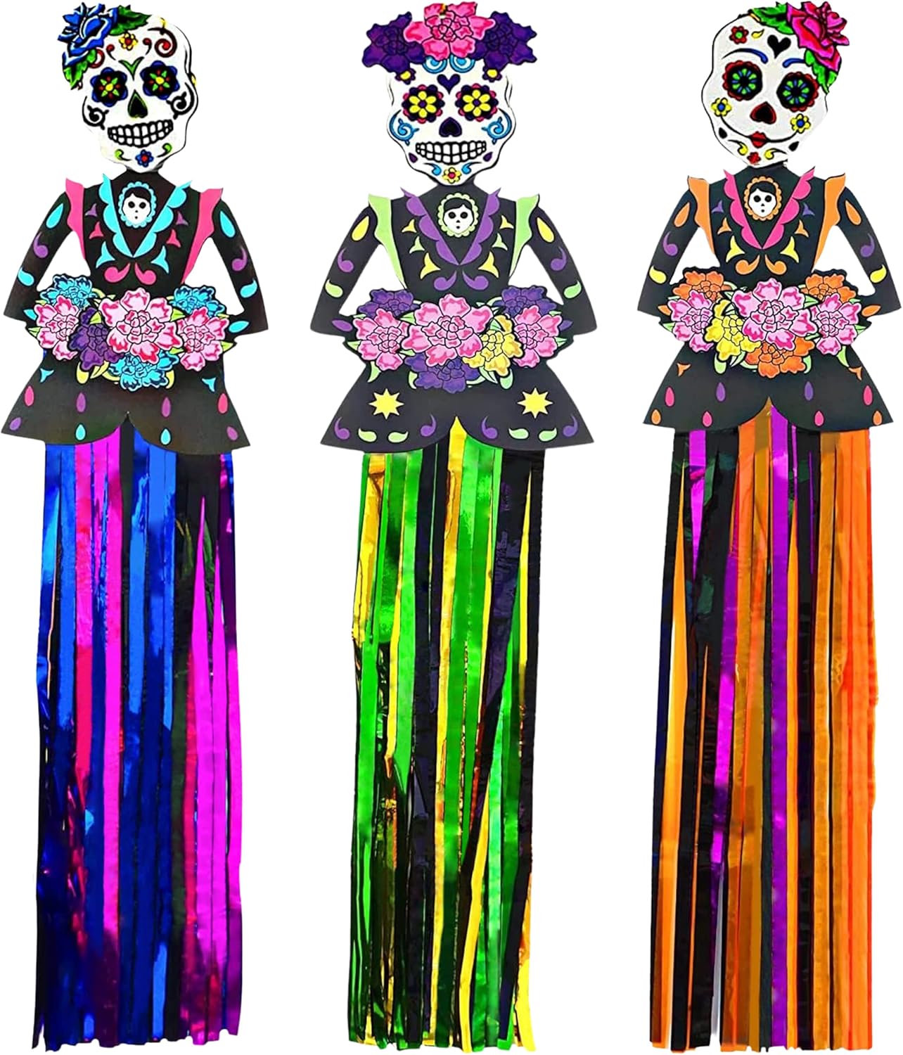 3 Pack Day of The Dead Hanging Decorations, 36" Dia de Los Muertos Decor Banner (3ft Tall) for Party Decorations Home Indoor Outdoor Supplies, Halloween Sugar Skull Decor by 4E's Novelty