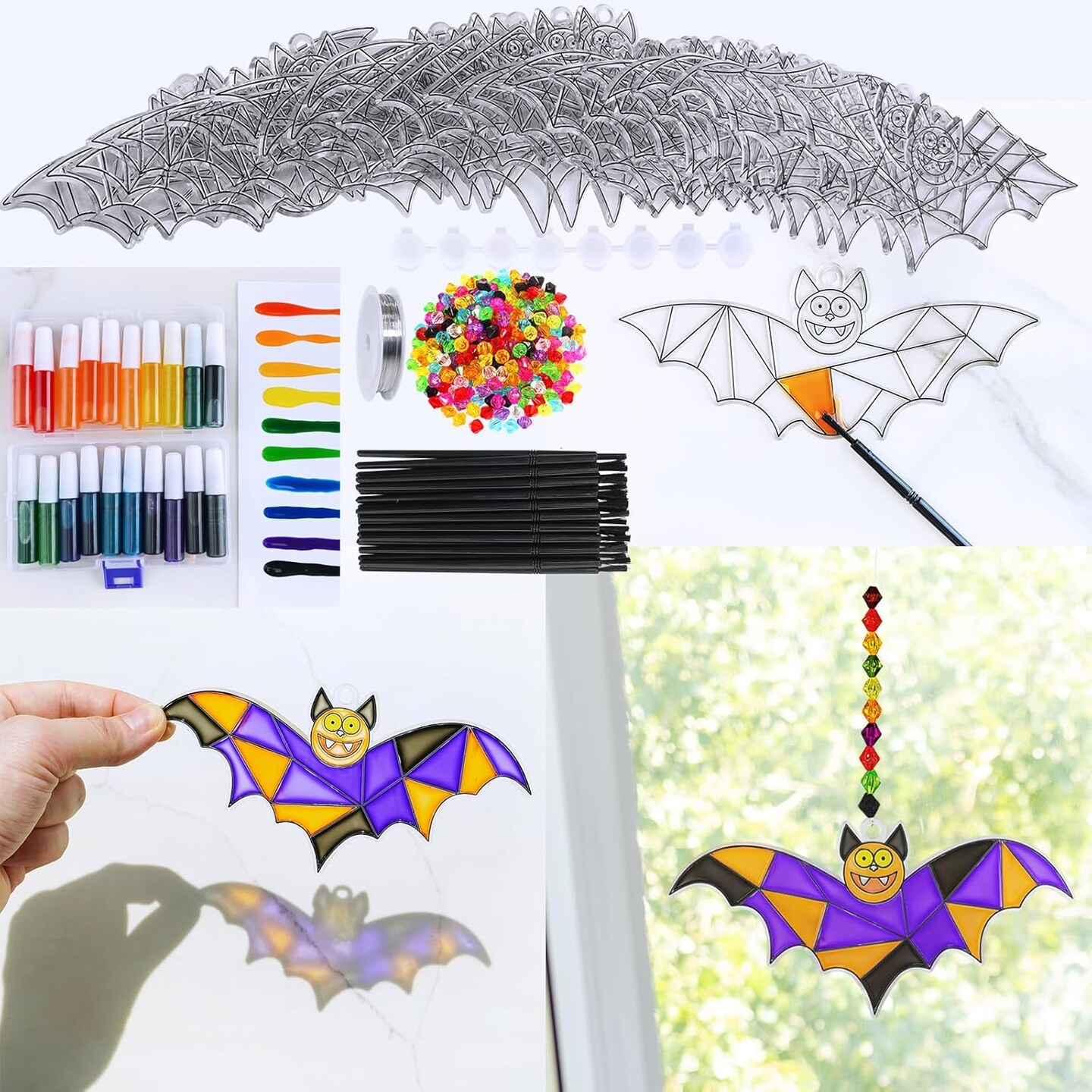 Bat Suncatchers Ornaments Decorations DIY Window Paint Art Suncatchers Bat Suncatchers Painting Kits for Kids Halloween Classroom Activities Art Projects