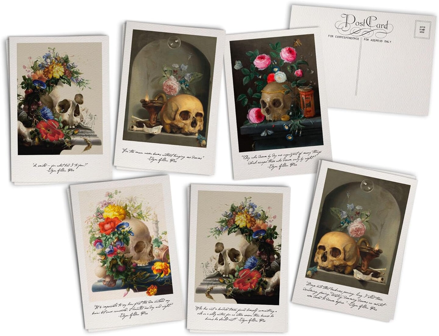Antique Skulls &#x26; Flowers Post Cards - 24 Vintage Still Life Postcards - 6 Assorted Retro Book Illustration Cards with Edgar Allen Poe Quotes - Printed on Vintage Textured Style Cardstock