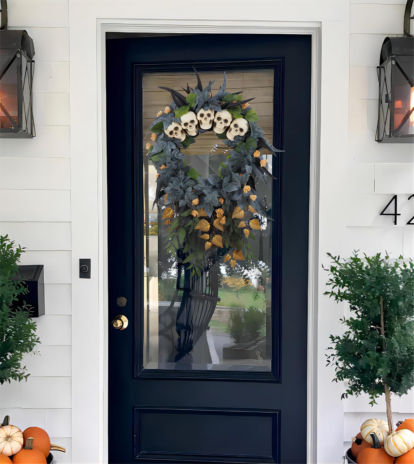24 inch Halloween Wreath for Front Door, Large Artificial Skulls Maple Leaves Outdoor Wreath Decor, Scary Creepy Halloween Decorations for Front Door and Wall
