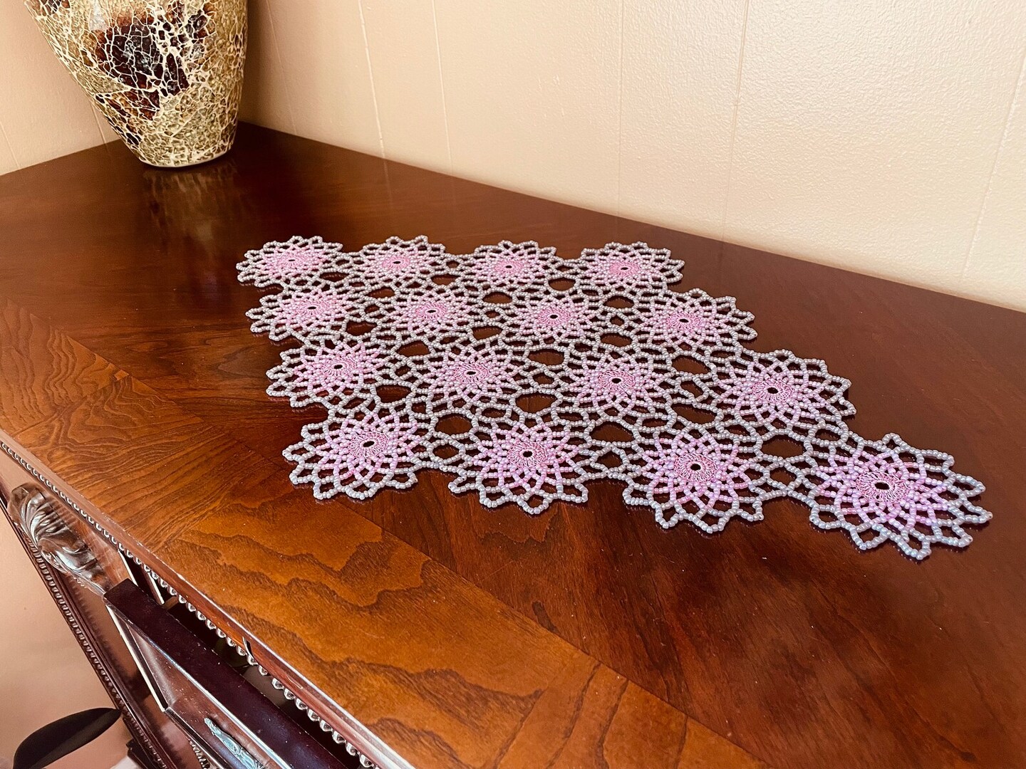 Handmade ROSE and LIGHT GRAY Crochet Beaded Doily | MakerPlace by Michaels, image size:1080x810