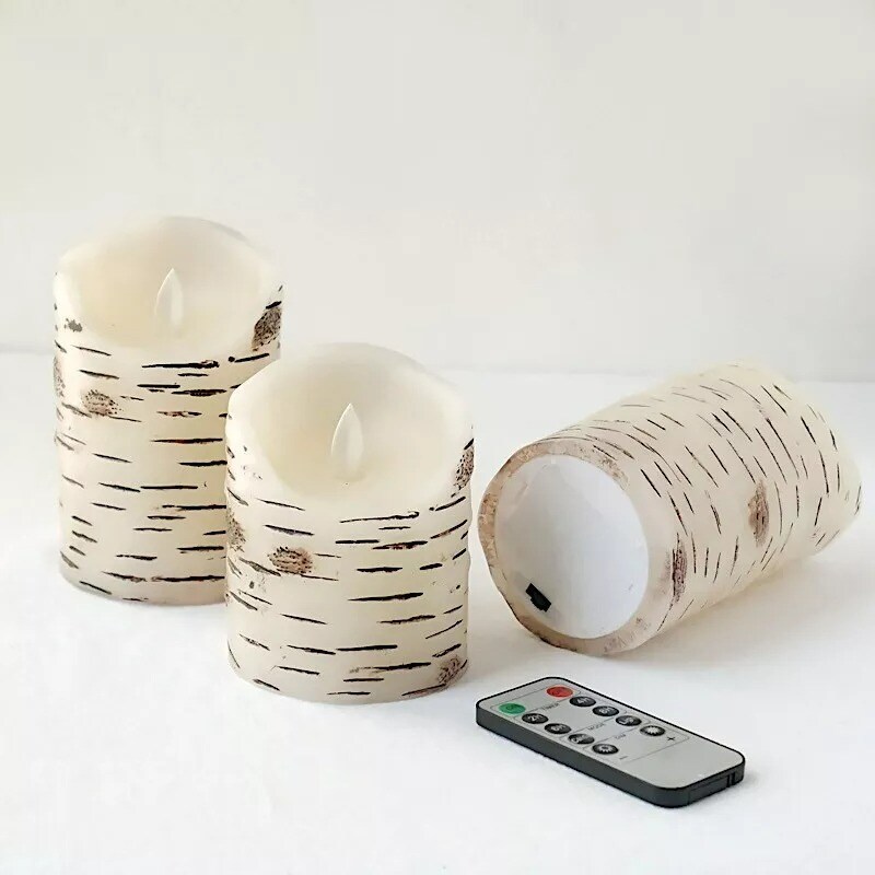 3 LED Warm White Candles Battery Operated Birch Bark Design Pillar Lights Party