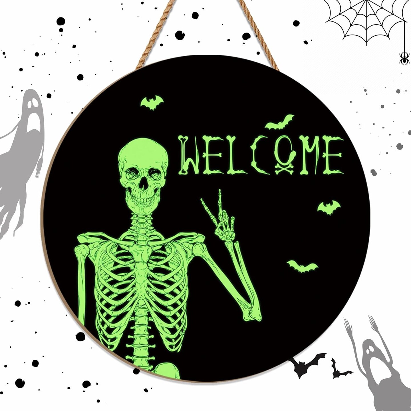 Halloween Door Sign Skull Door Wreath Wooden Spooky Skeleton Welcome Sign Fluorescent Skull Door Hanger Sign Front for Door Porch Wall Decor Indoor Outdoor 12 Inch