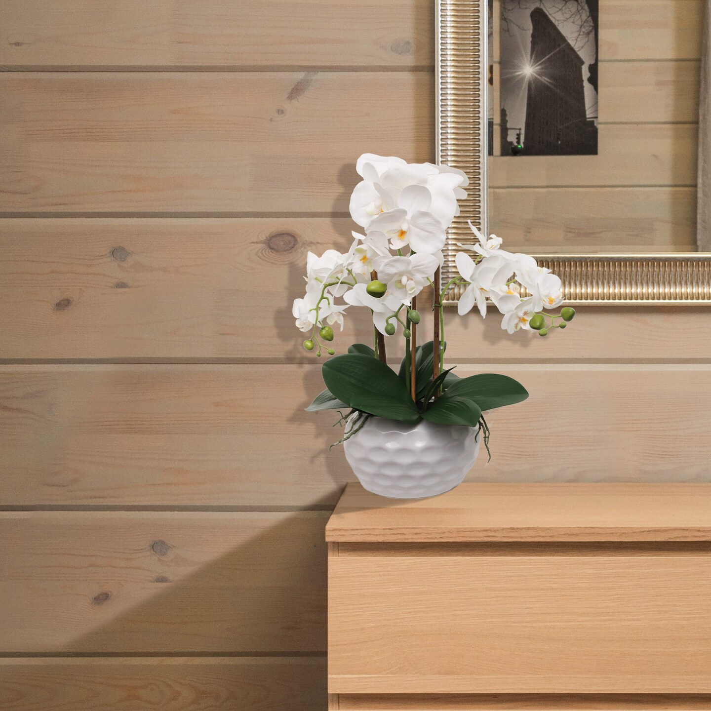 19" White Phalaenopsis Orchid Flowers in Dimple White Vase, Elegant Faux Floral Arrangement, Ideal for Home, Office, and Event Décor, Floral Home by Artificial Flowers