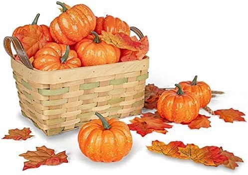 12PCS Mini Fake Pumpkins with 30PCS Lifelike Maple Leaves Faux Pumpkins for Decorating Fall Harvest Garland Halloween DIY for Crafts Thanksgiving Decorations