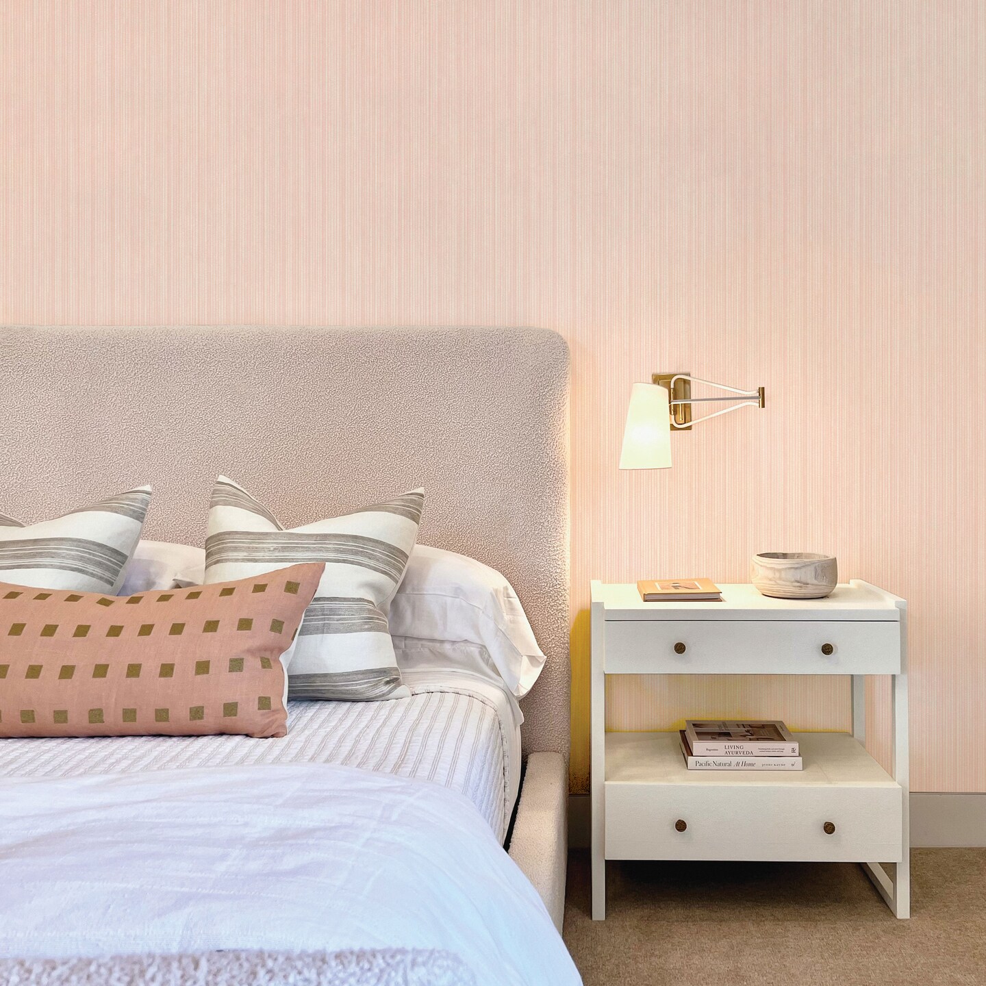 Tempaper Faux Grasscloth Vinyl Peel and Stick Textured Wallpaper Metallic Blush Pink