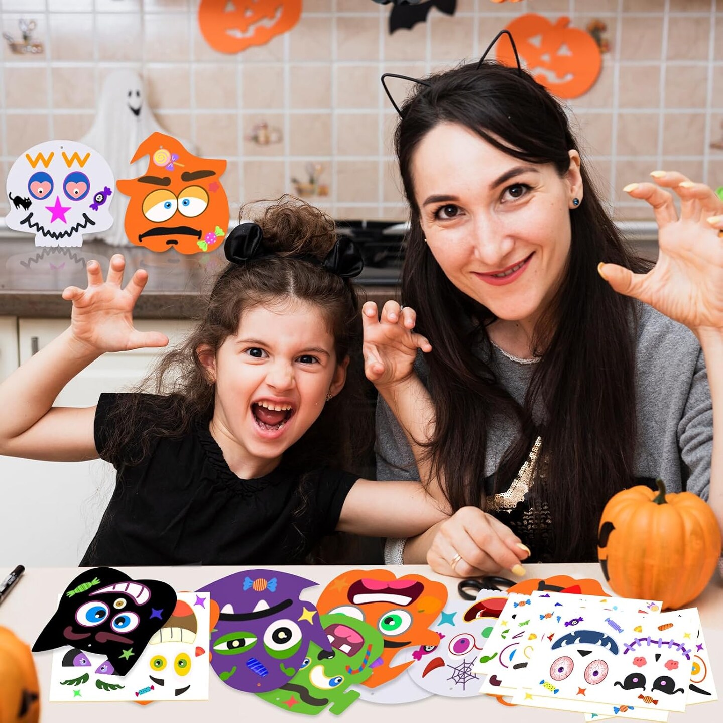Halloween Activitie Art and Craft Foam Pumpkin Cat Bat Ghost Witches with Self Adhesive Face Stickers Kits for Kids Halloween Decorations Game Party Favors