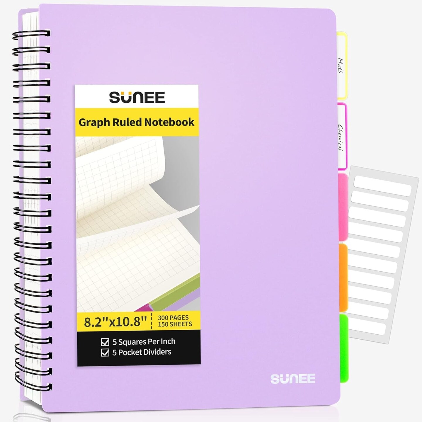 Graph Paper Notebook - 300 Pages, 5 Subject, 8.2&#x22;X10.8&#x22;, 5 X 5Mm Grid, 5 Pocket Colored Dividers, 3-Hole Punched Quad Paper, Purple