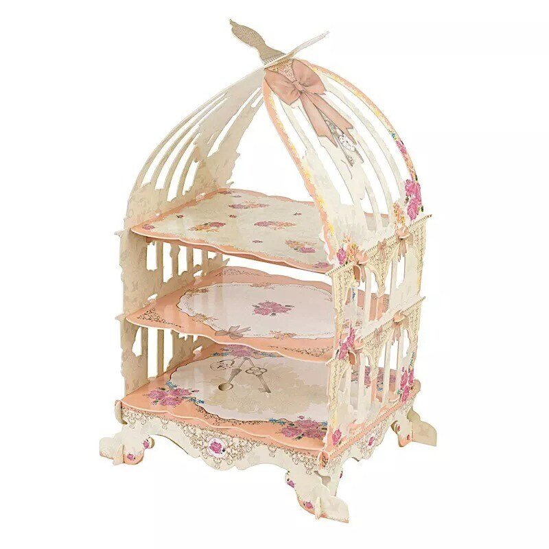 3 Tier White Peach Birdcage Cardboard Cupcake Stand Floral Print Party Events