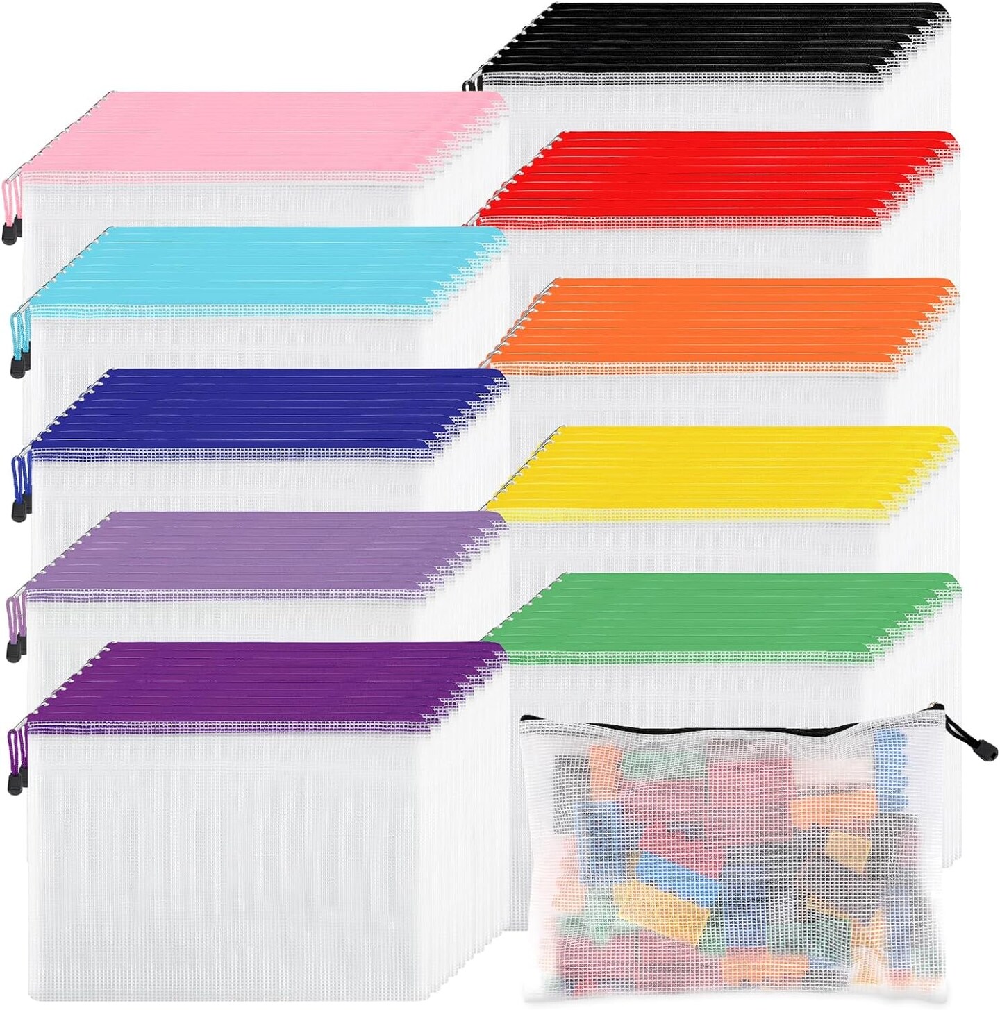 100Pcs Mesh Zipper Pouch, A4 Size, 10 Colors Zipper Bags for Organizing Storage, Waterproof Puzzle Bag, Zipper File Bags for Board Games and School Office Supplies