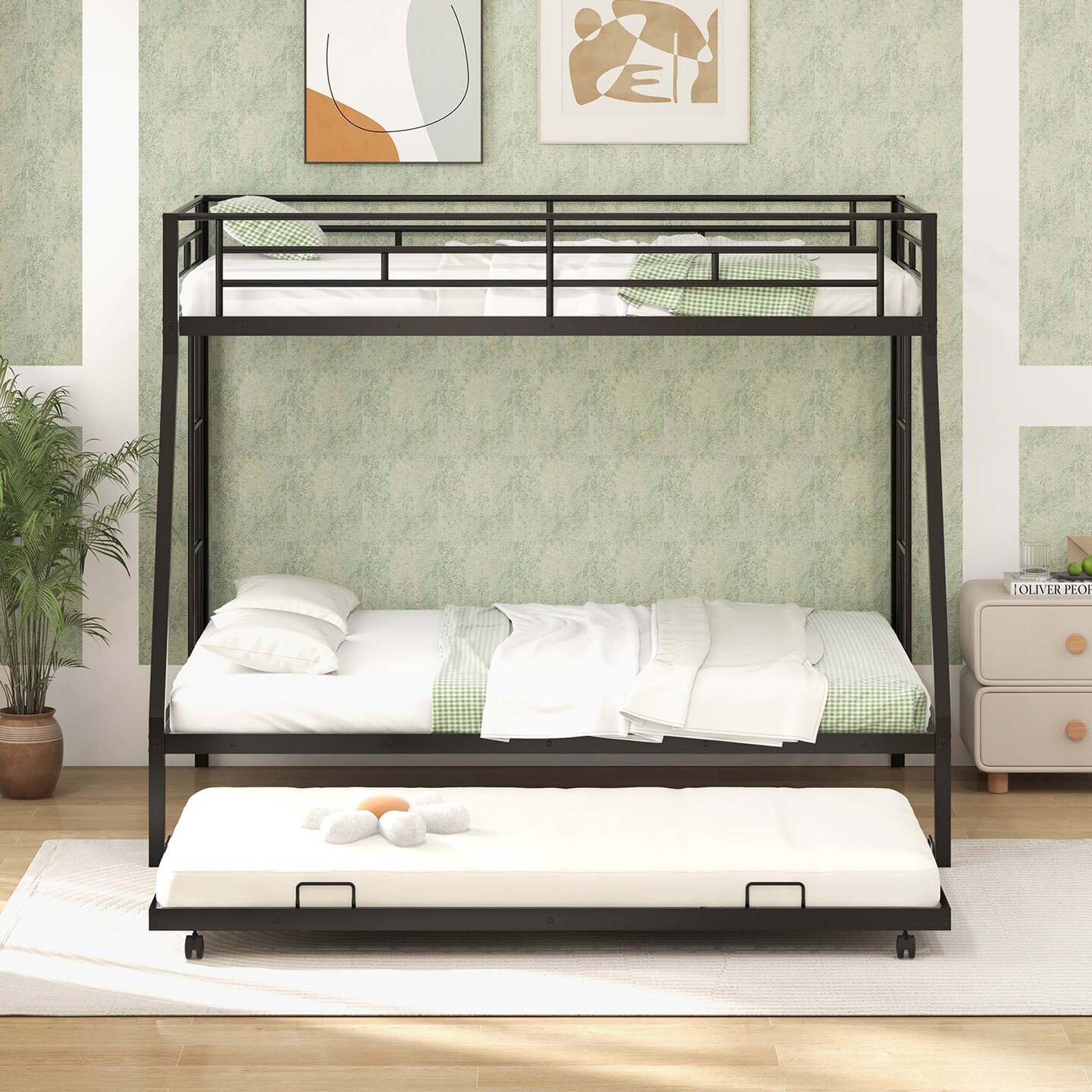 Costway Twin Over Full Metal Slats Bunk Bed Frame with Trundle, Guard Rail &#x26; Ladders White/Black