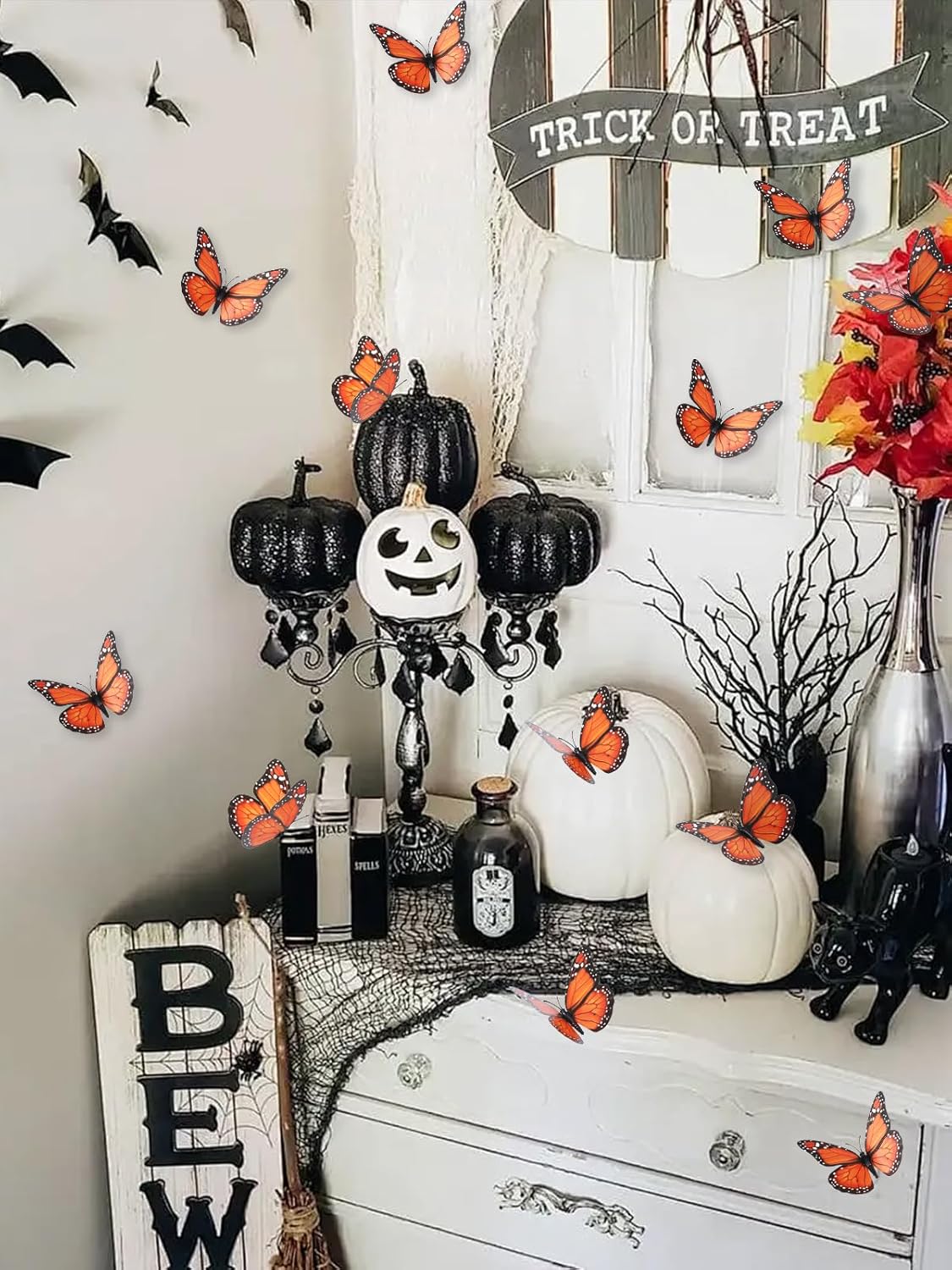 Day of The Dead Monarch Butterfly Decorations, 48 Pcs Halloween Orange Artificial 3D Premium Fake Butterflies Craft, Wall Refrigerator Decor for Dia De Los Muertos Ofrenda Altar