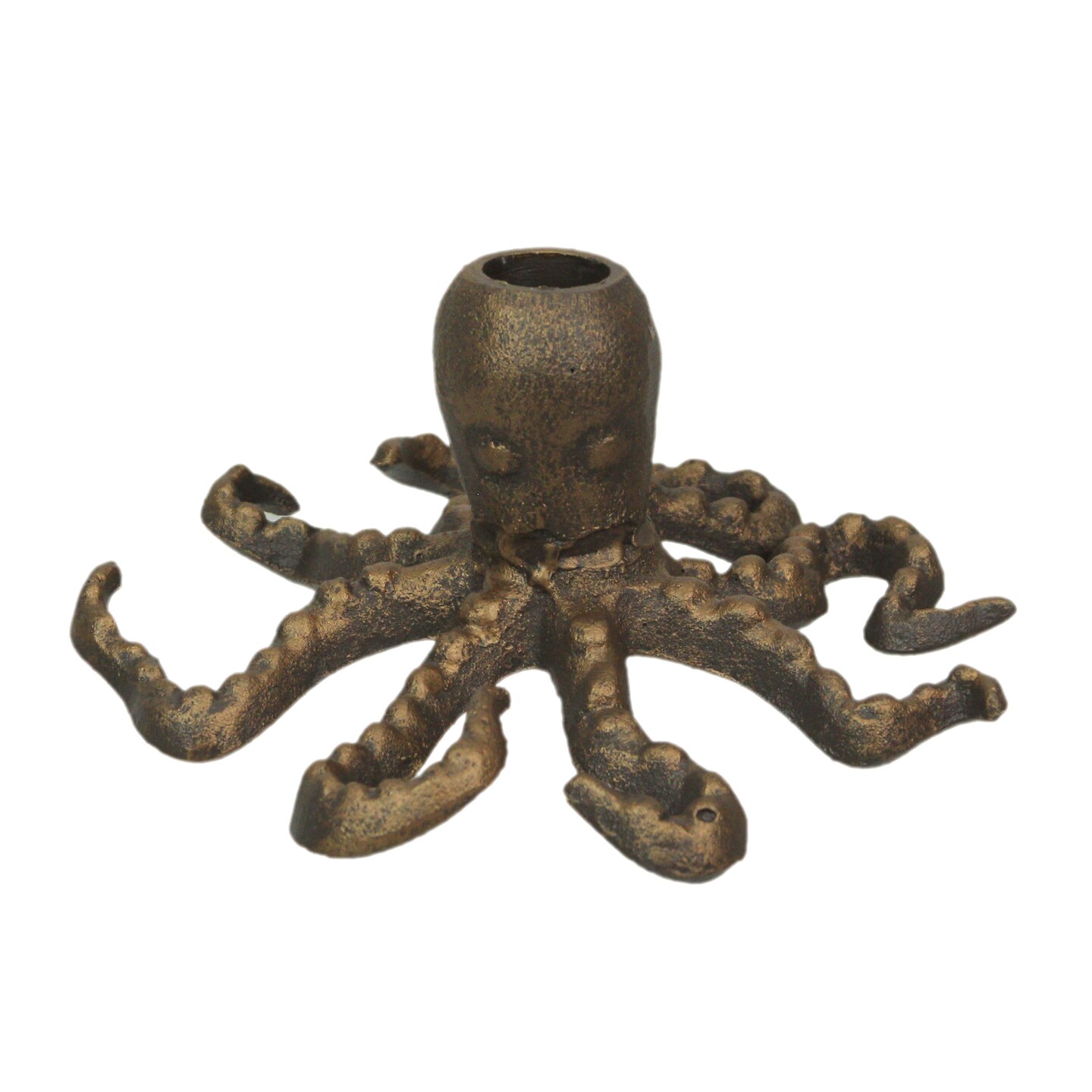 Octopus Taper Candle Holder &#x2013; Cast Iron w/ Antique Gold Finish &#x2013; 6&#x22; Dia, 3&#x22; High