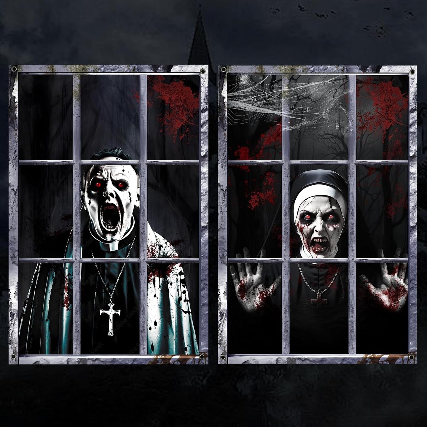 2 Pack Halloween Ghost Curtain Decorations Halloween Window Scary Male Female Blood Ghost Window Cover Halloween Window Poster for Indoor Outdoor Party Decor (Priest Ghost)