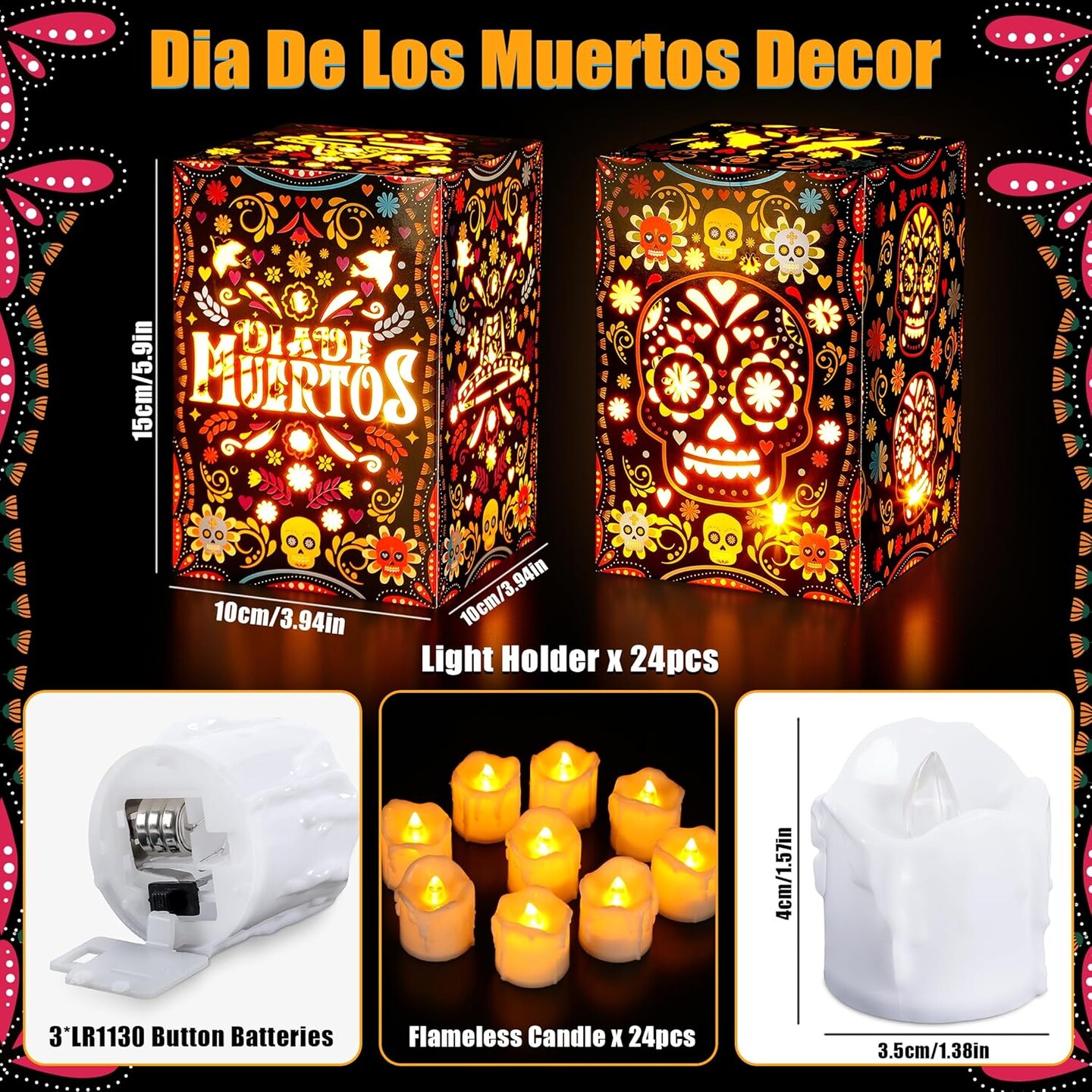 Day of The Dead Decorations 24pcs Sugar Skull Paper Candles Holders Boxes with 24 Flameless LED Tea Lights Candles Dia De Muertos Decorations Supplies