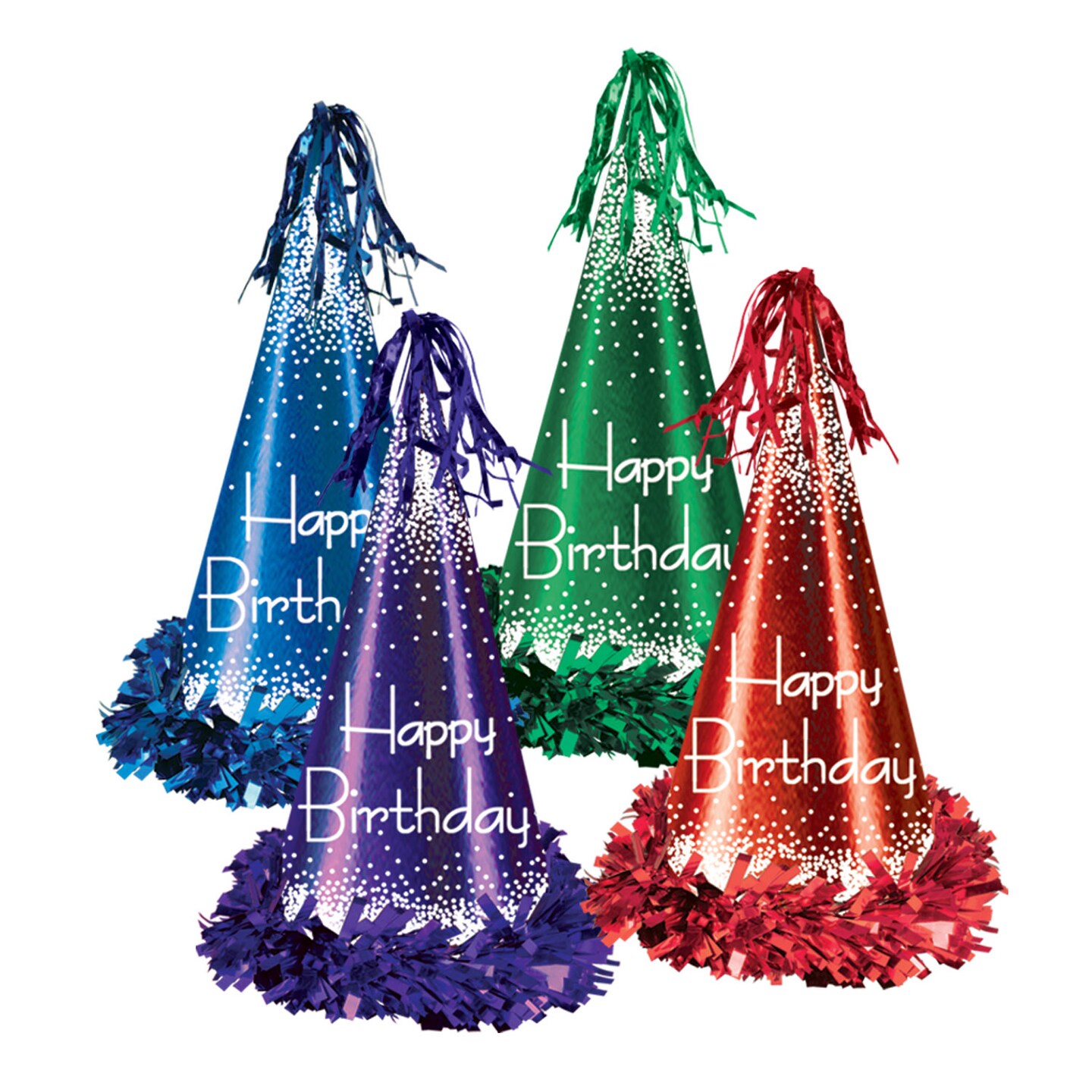 Beistle 12&#xBD;in. Fringed Foil Happy Birthday Party Hats - 12 Pack