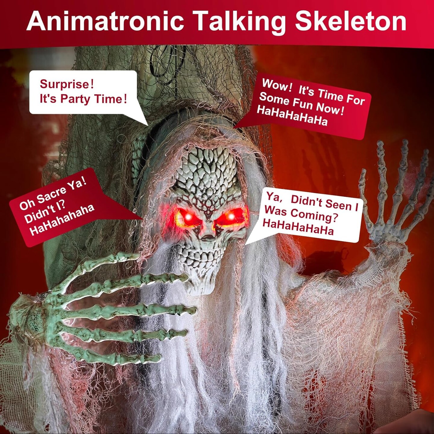 [ Talking &#x26; Sound Activated ] 4 Ft Halloween Animatronics Hanging Outdoor Skeleton Decorations with Glow Red Eyes &#x26; Shake Body, Creepy Sound Halloween Hanging Ghost Props Decor for Yard Haunted House