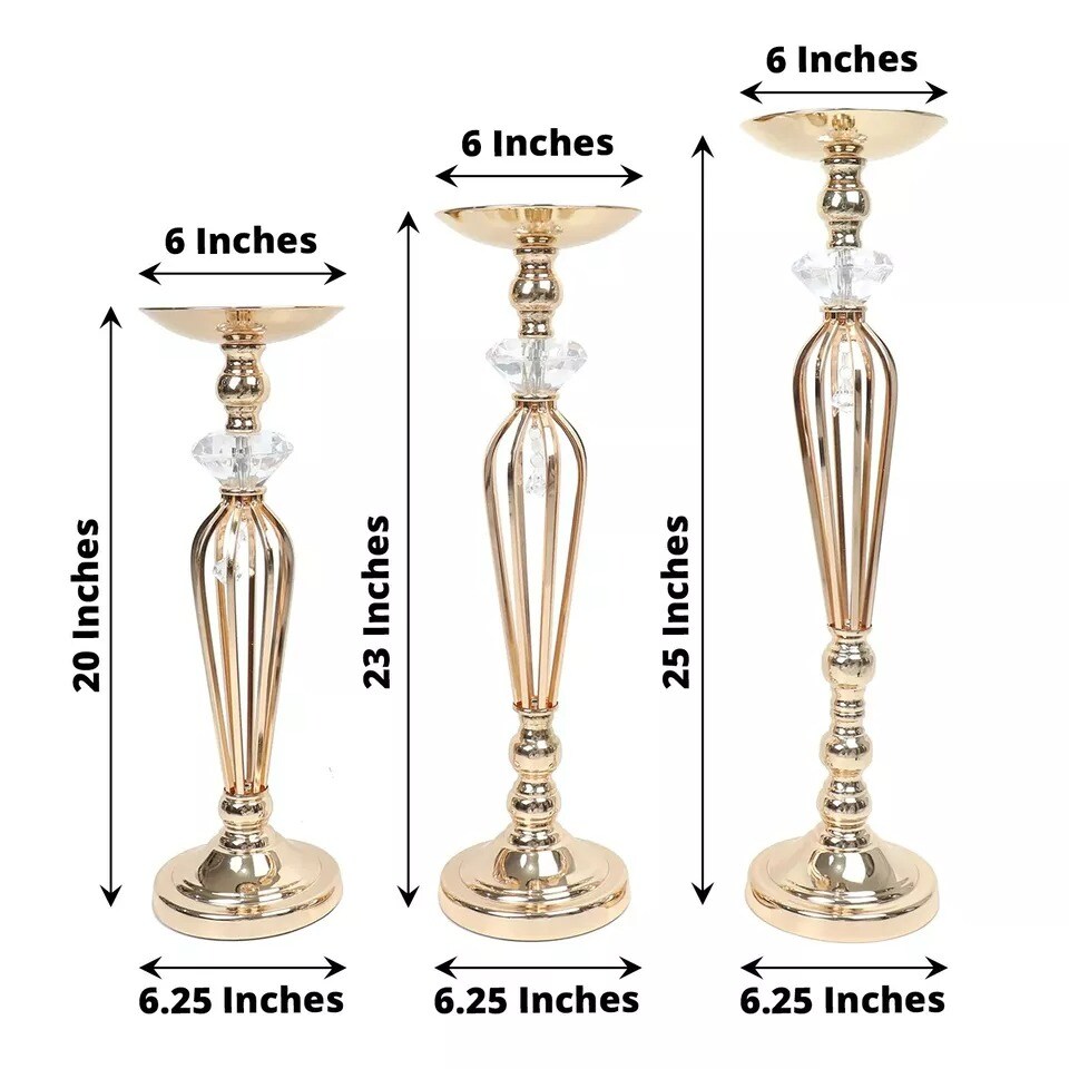 3 Gold Metal Crystals Pillar Candle Holders Pedestal Stand Set Party Events