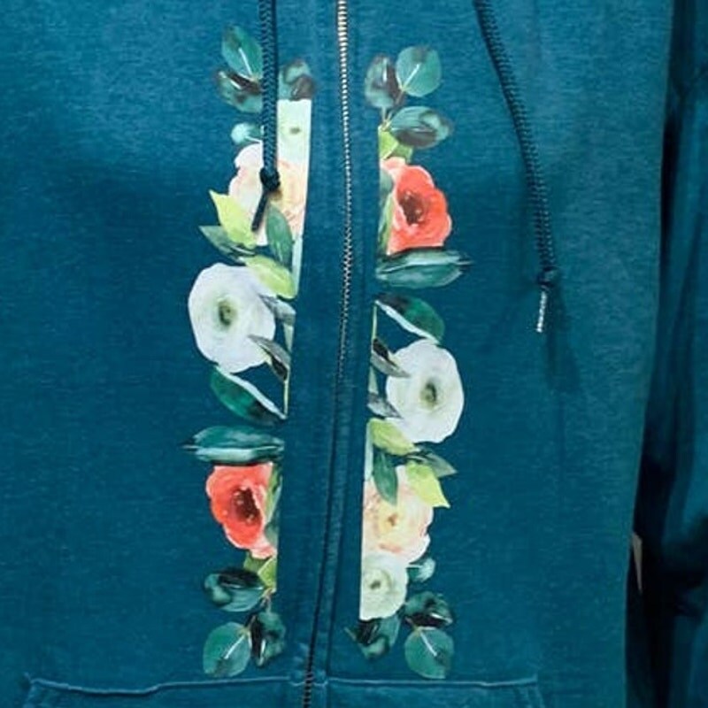 Hand Printed Medium Upcycled Flower Rose Full Zip Hoodie