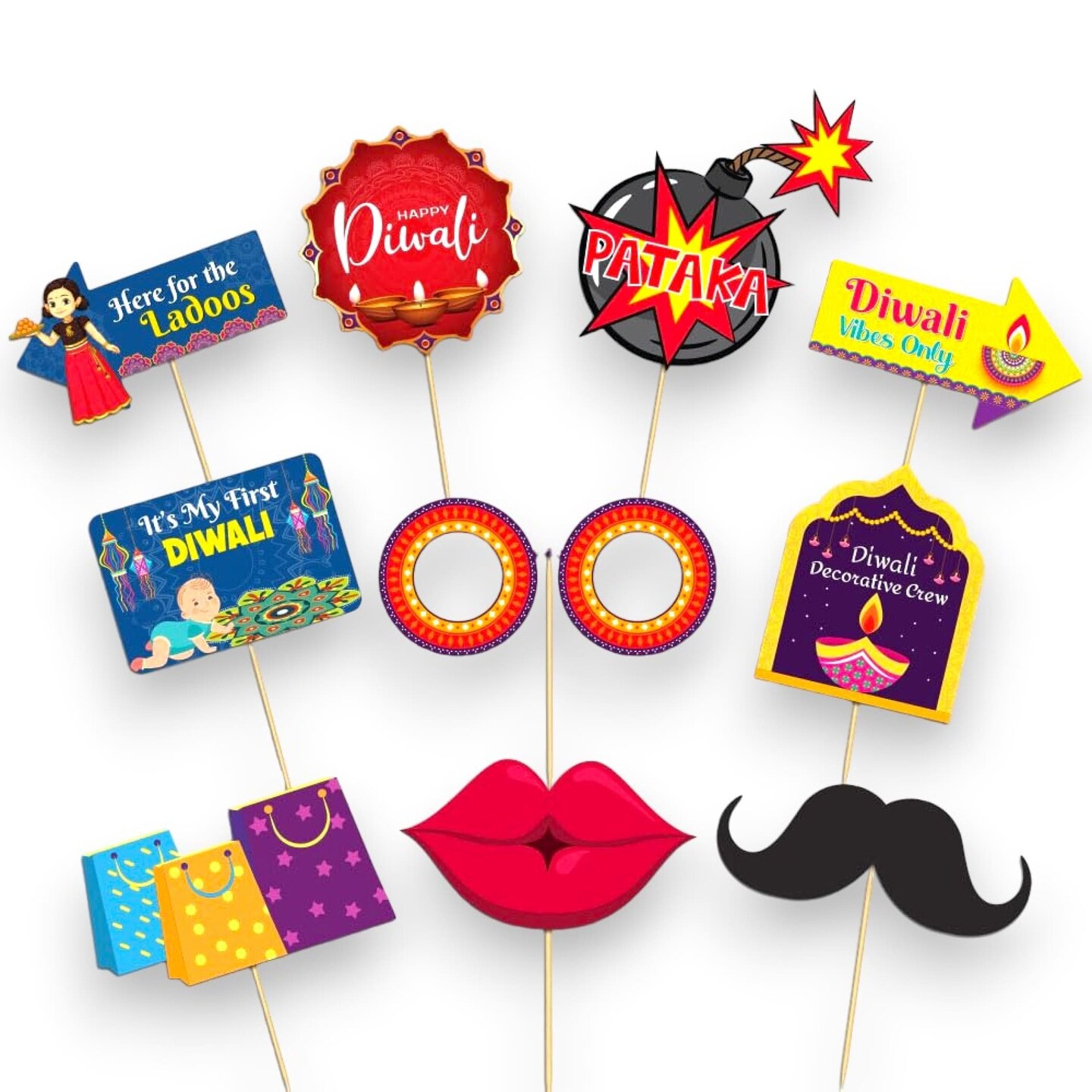 10 Pcs Happy Diwali Photo Booth Props Kit Festival of Lights Celebration Props for Photoshoot Deepawali Party Picture Selfie Stick Props Indian Themed Party Supplies